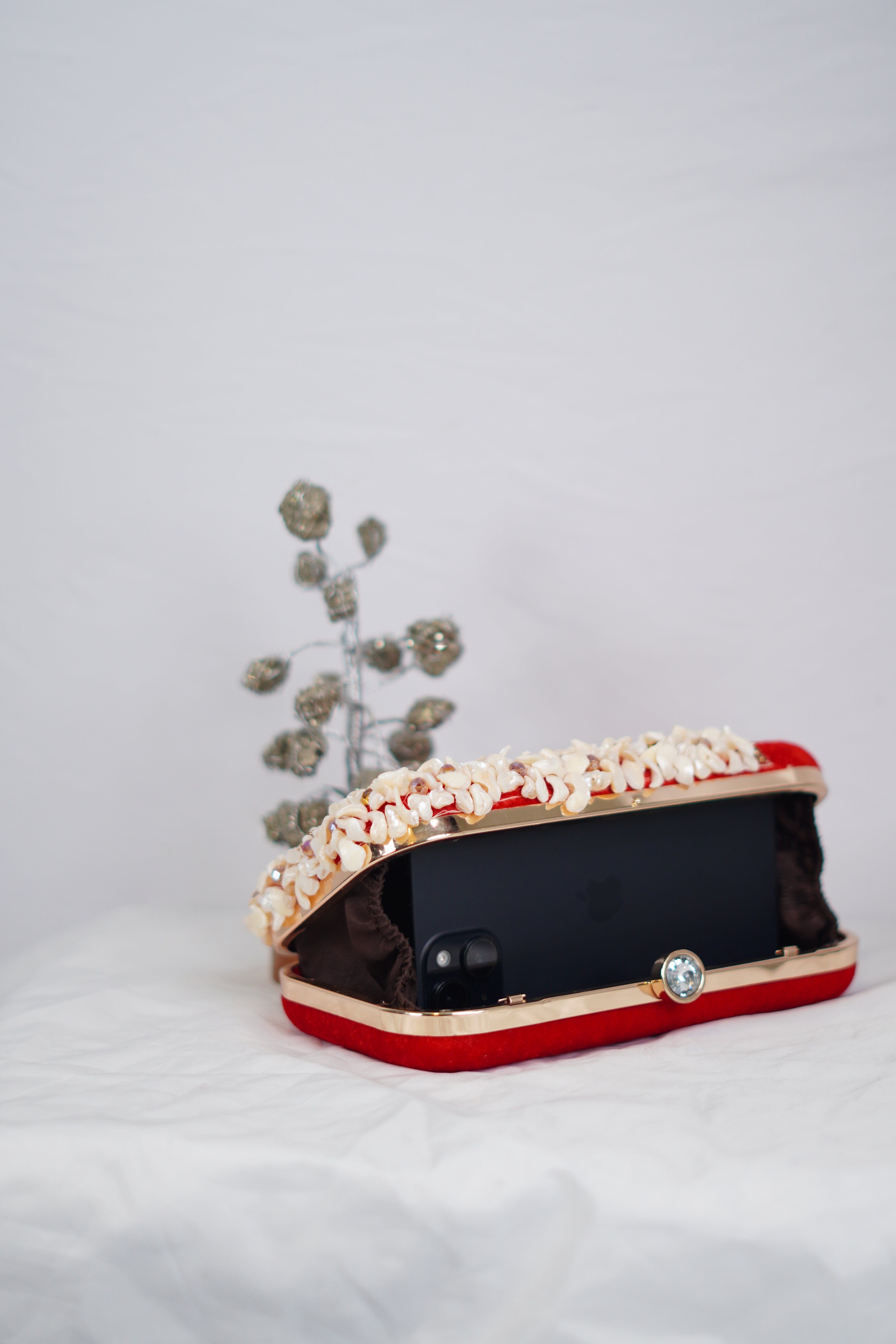 Red Velvet & Pearl Shell Clutch
