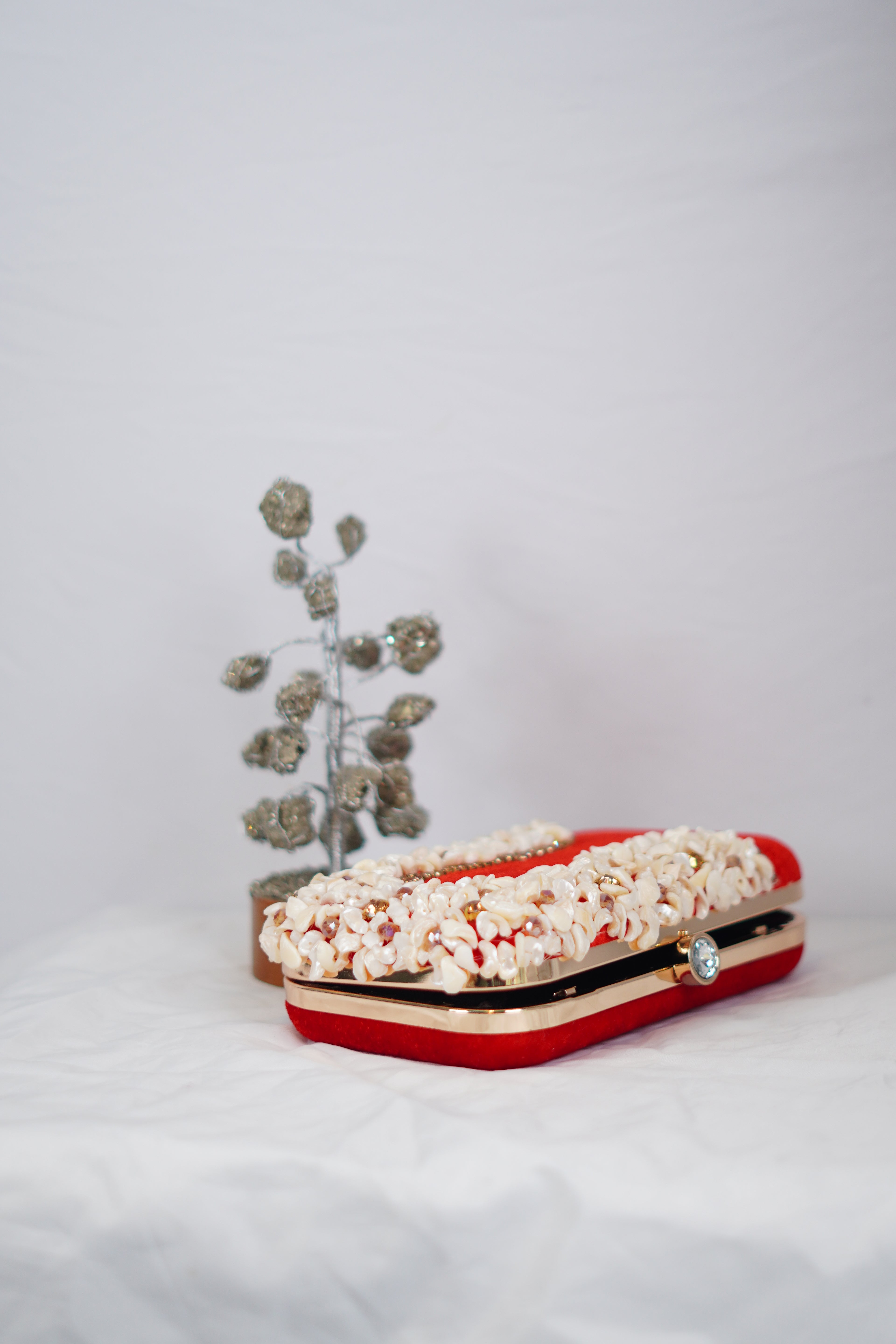 Red Velvet & Pearl Shell Clutch