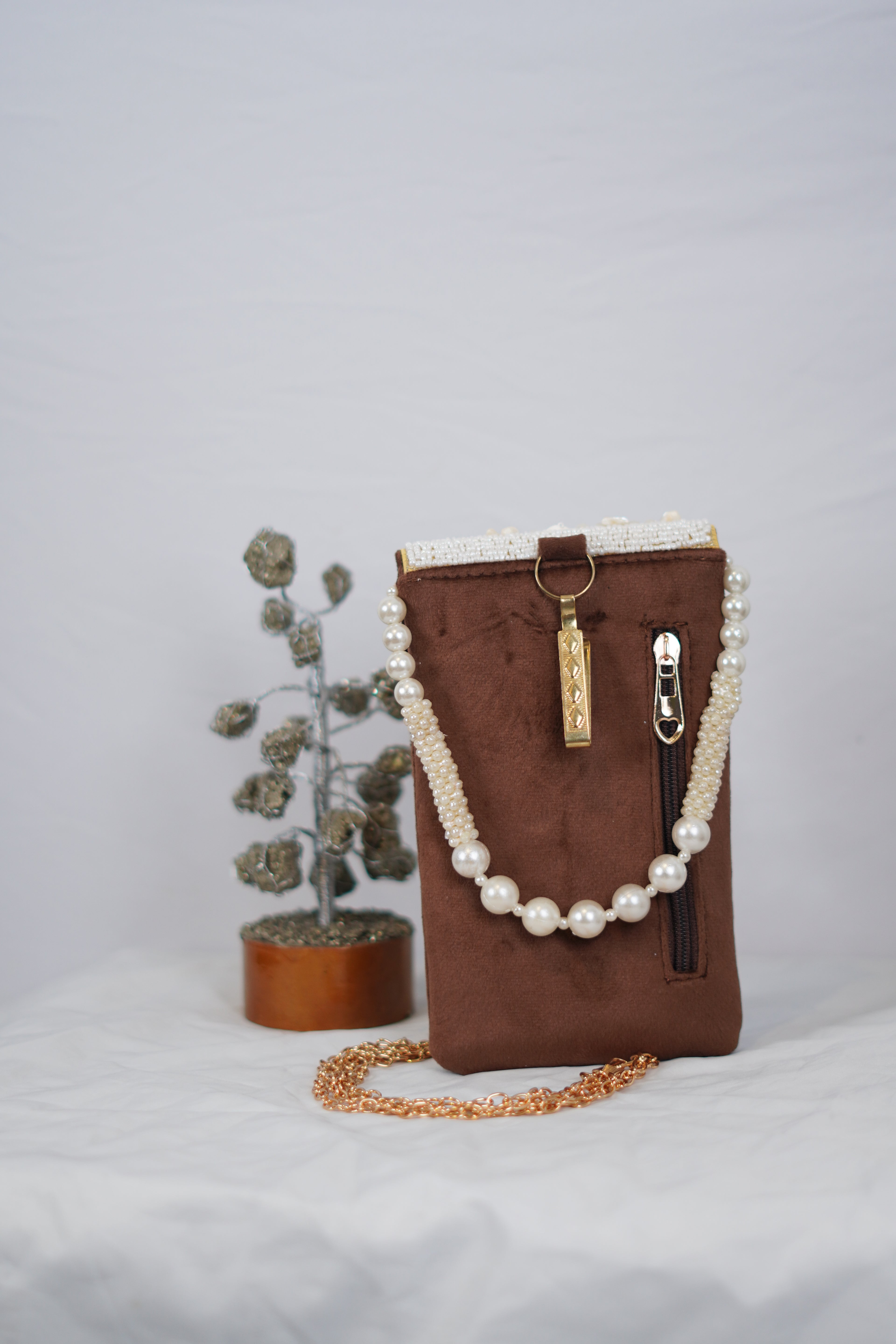 Brown Velvet Pouch with Pearl & Shell Work