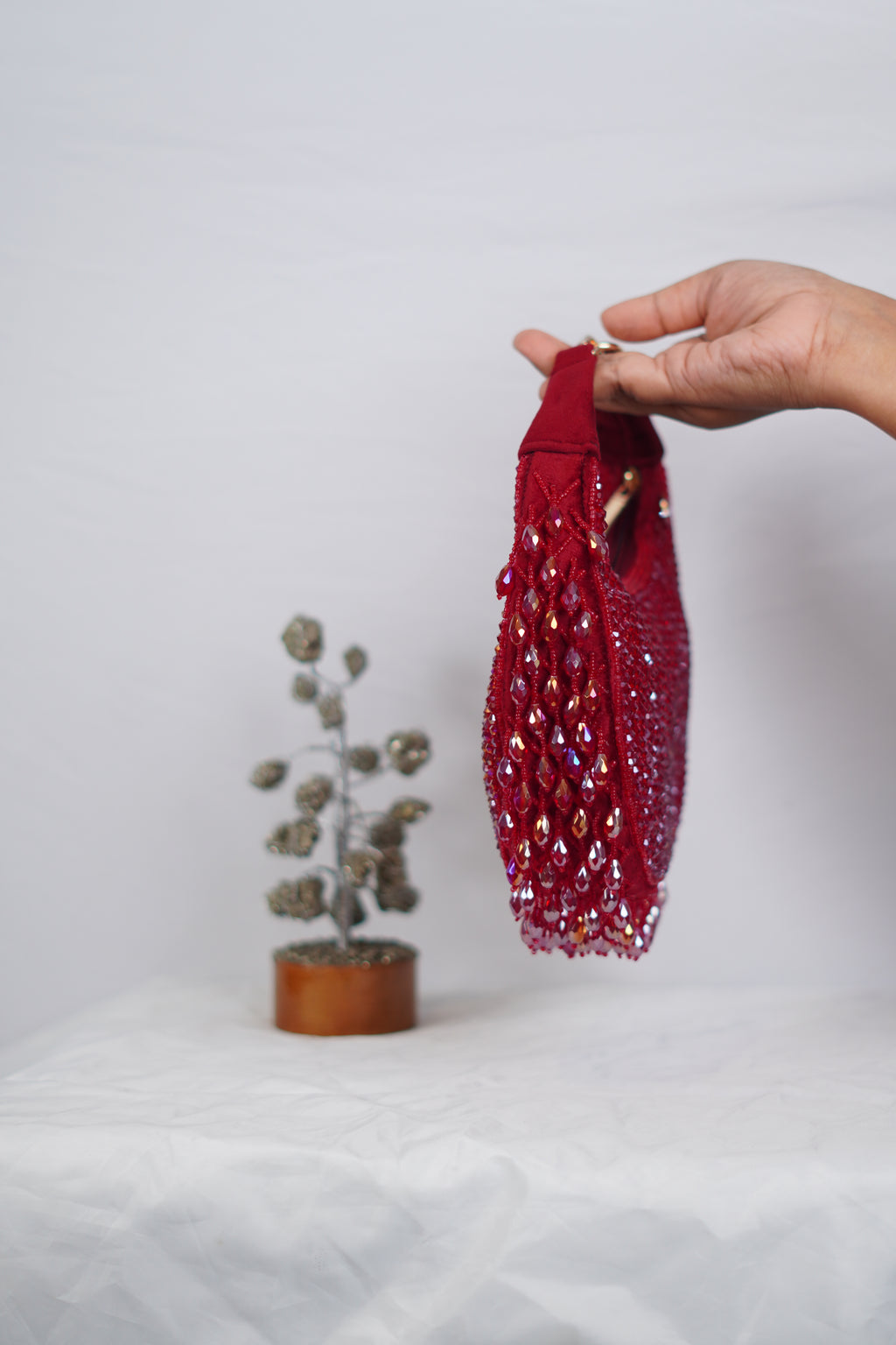 Red Beaded Handbag with Fringe Detailing