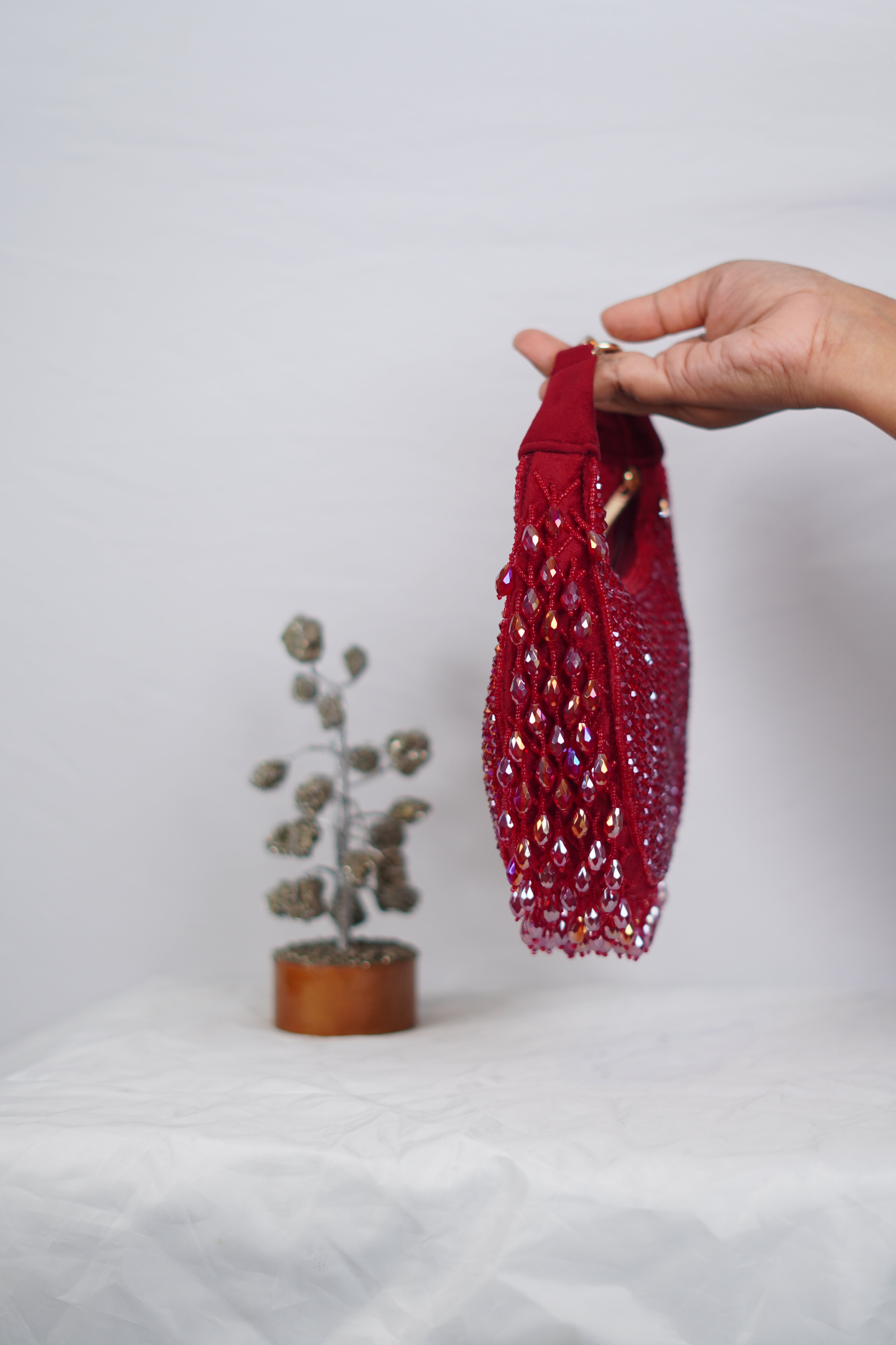 Red Beaded Handbag with Fringe Detailing