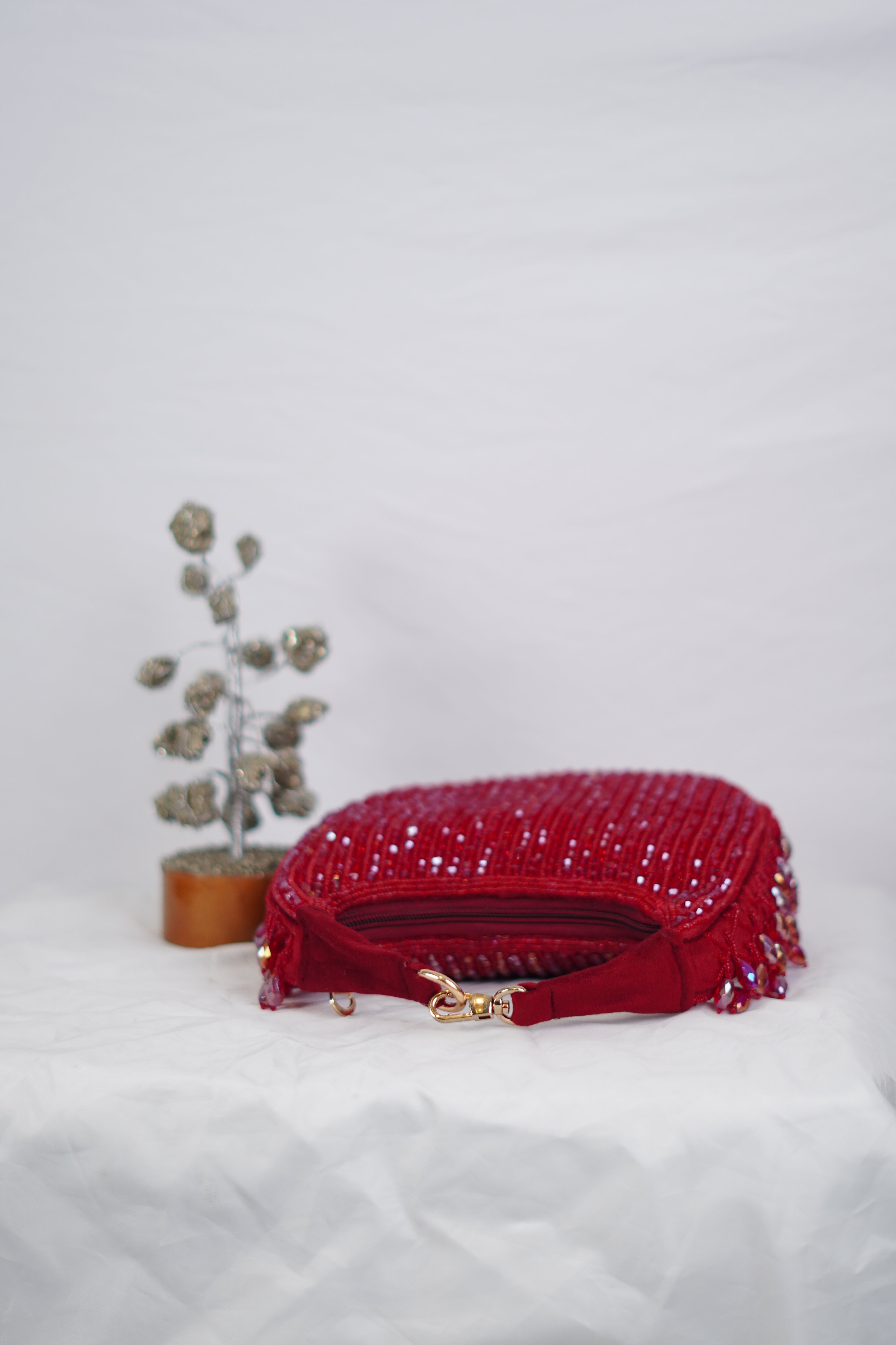 Red Beaded Handbag with Fringe Detailing
