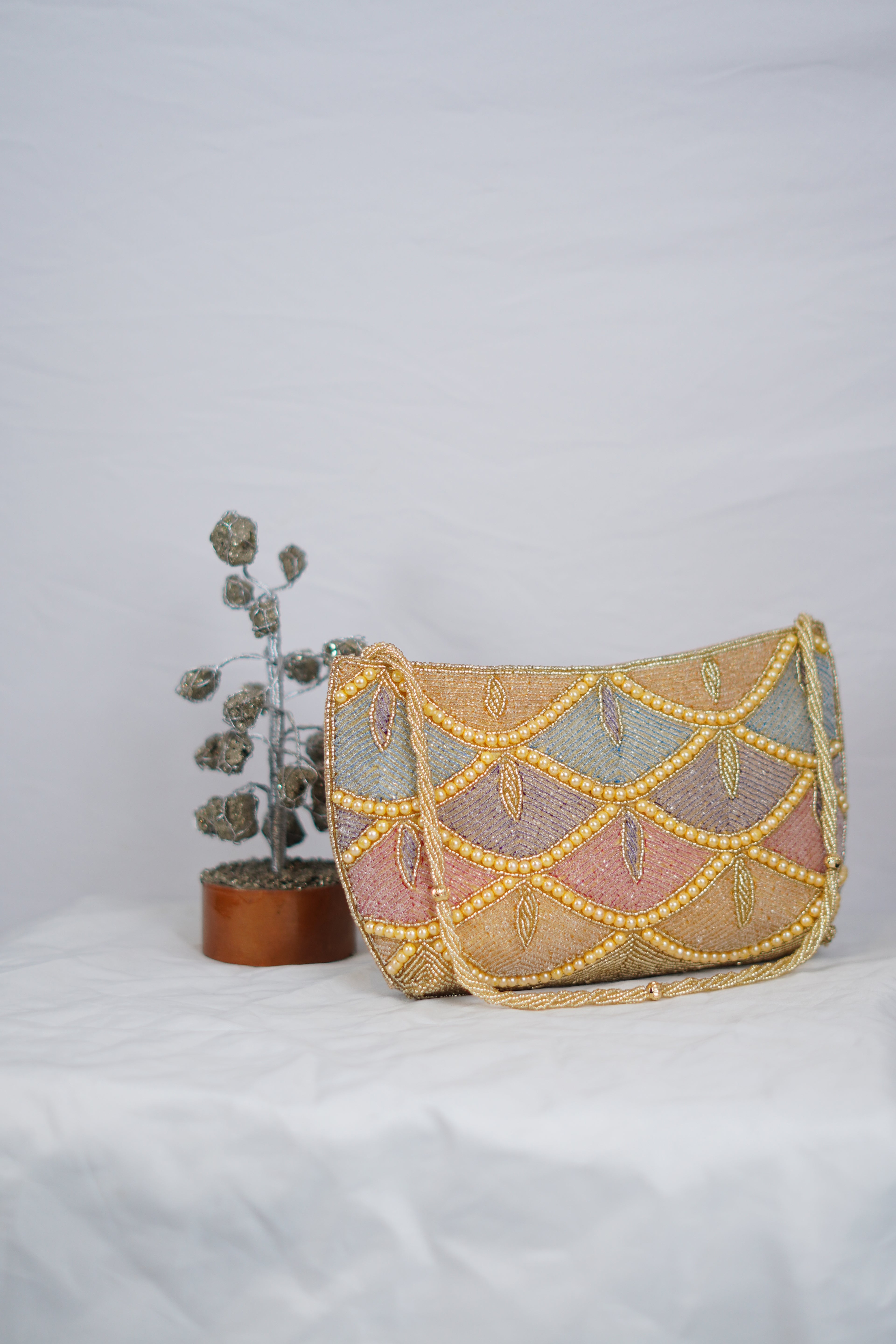 Pink & Blue bead work Partywear bag