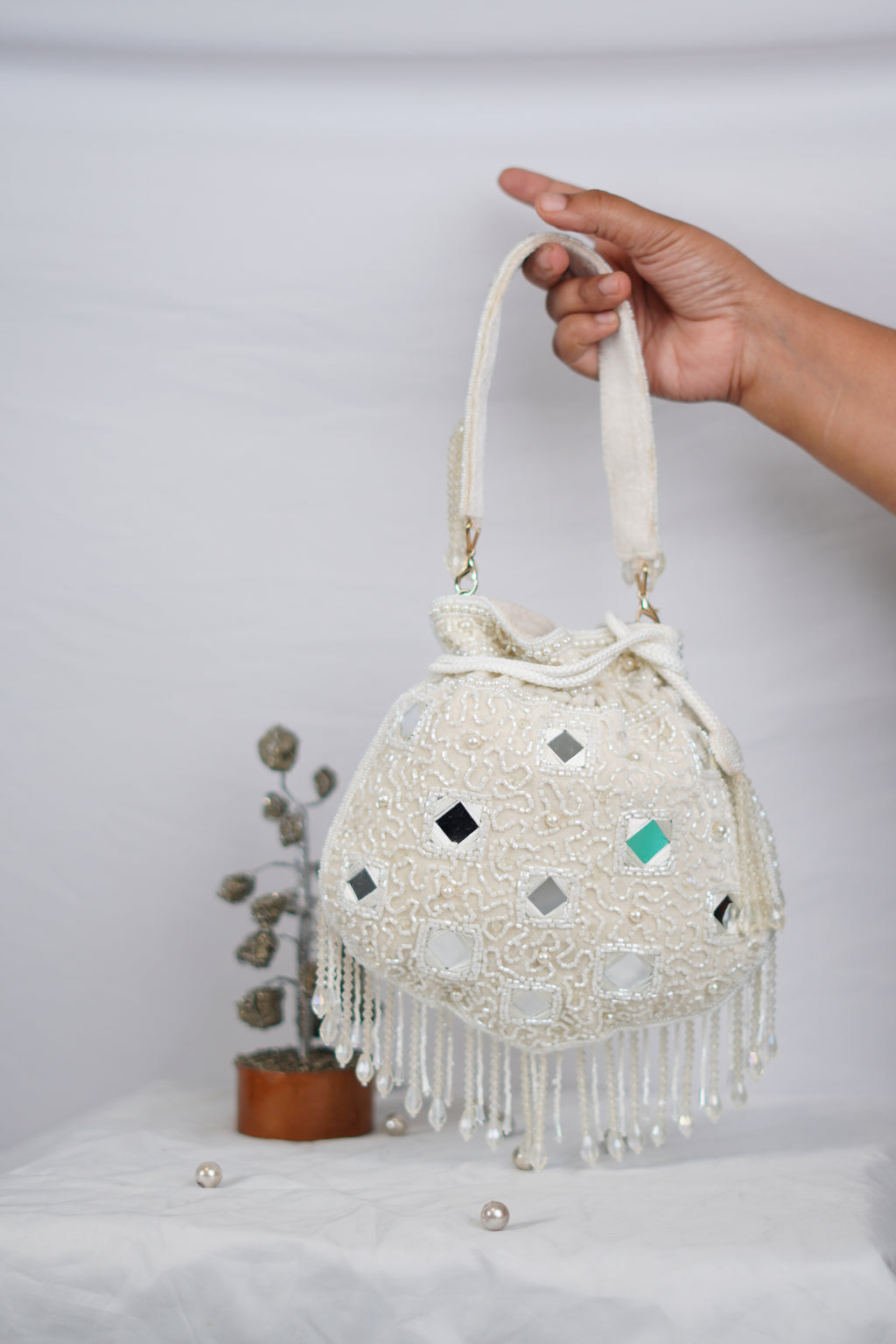 Mirror and Pearl Potli with Tassels , White