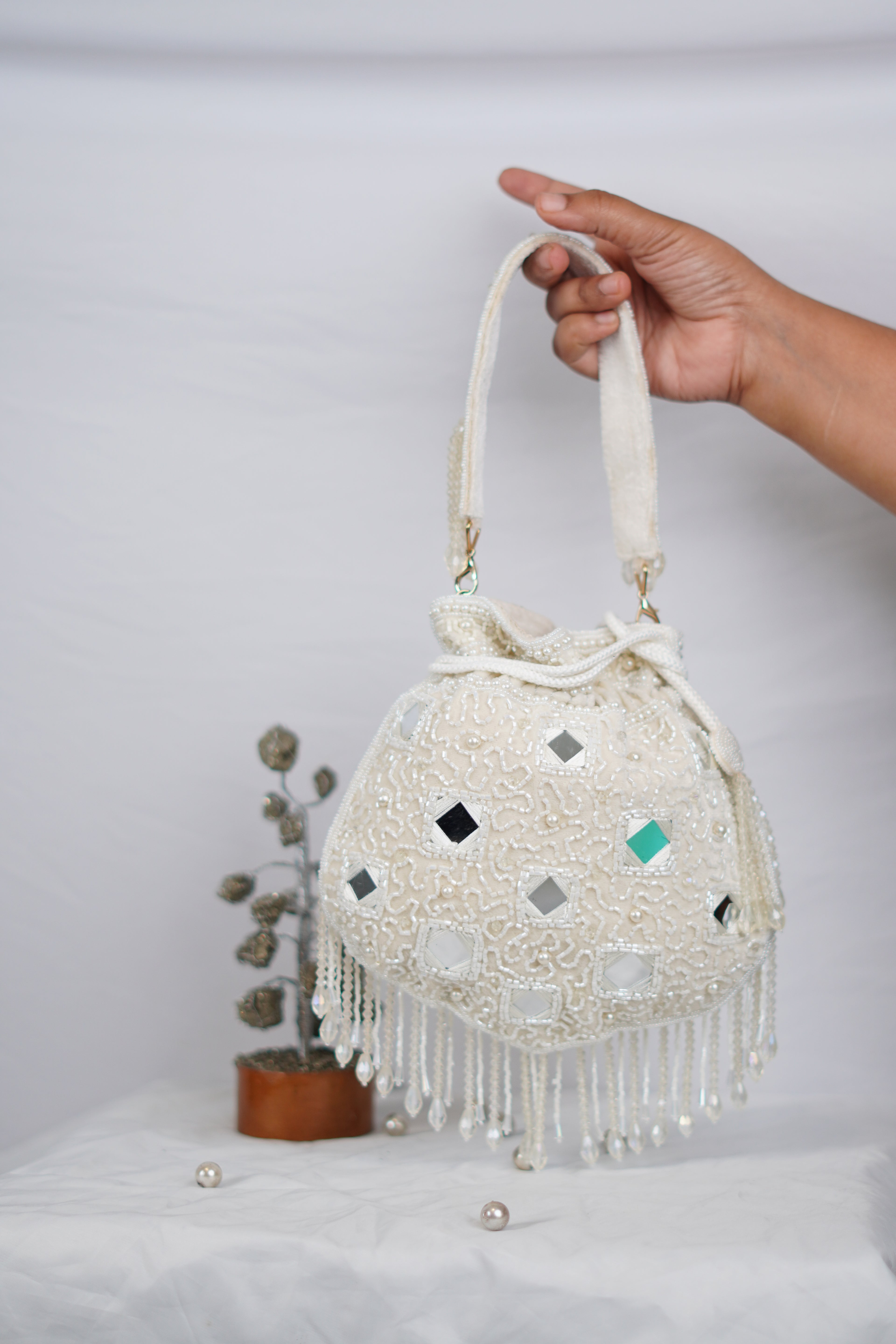 Mirror and Pearl Potli with Tassels , White