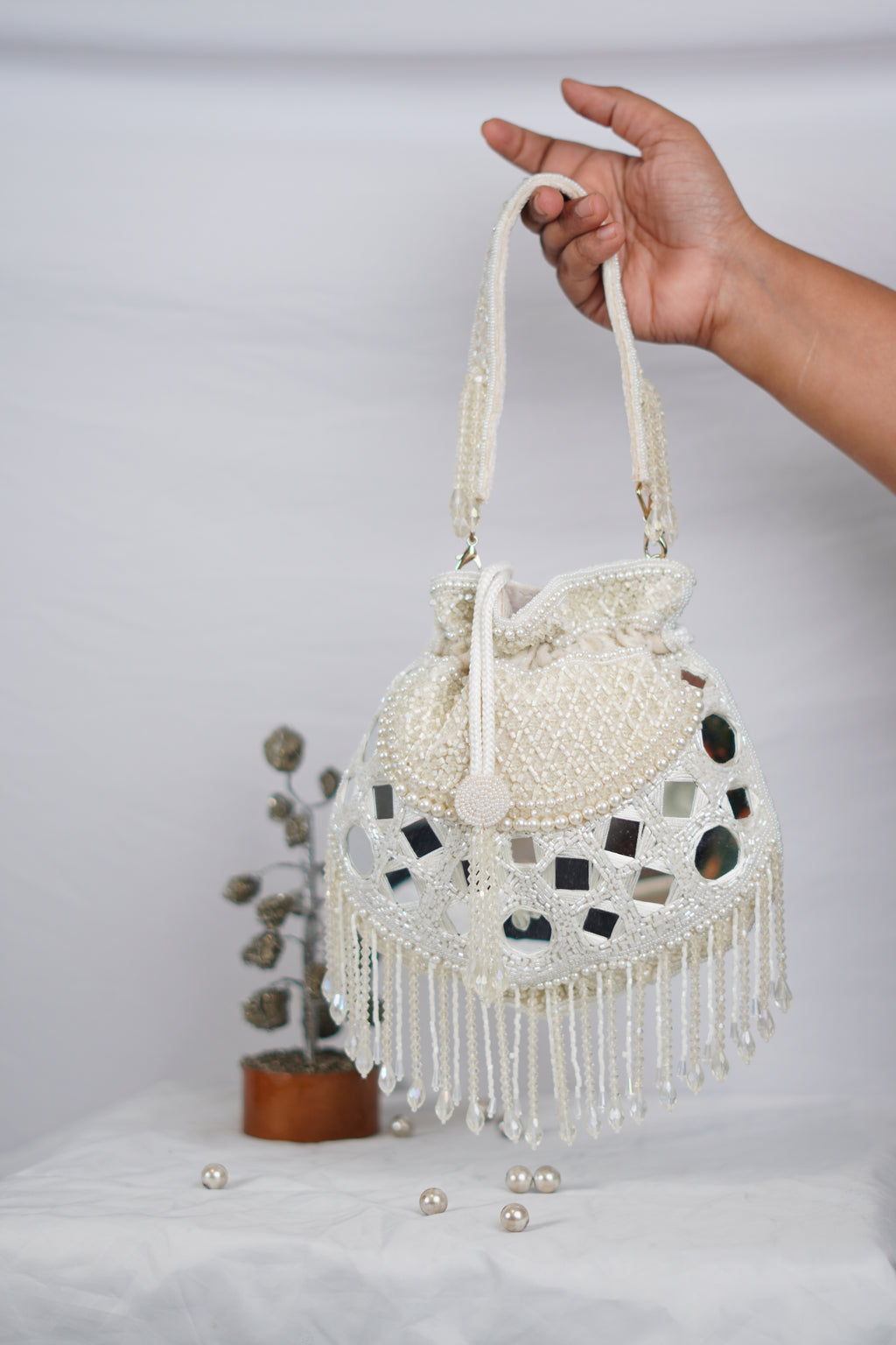 Mirror and Pearl Potli with Tassels , White