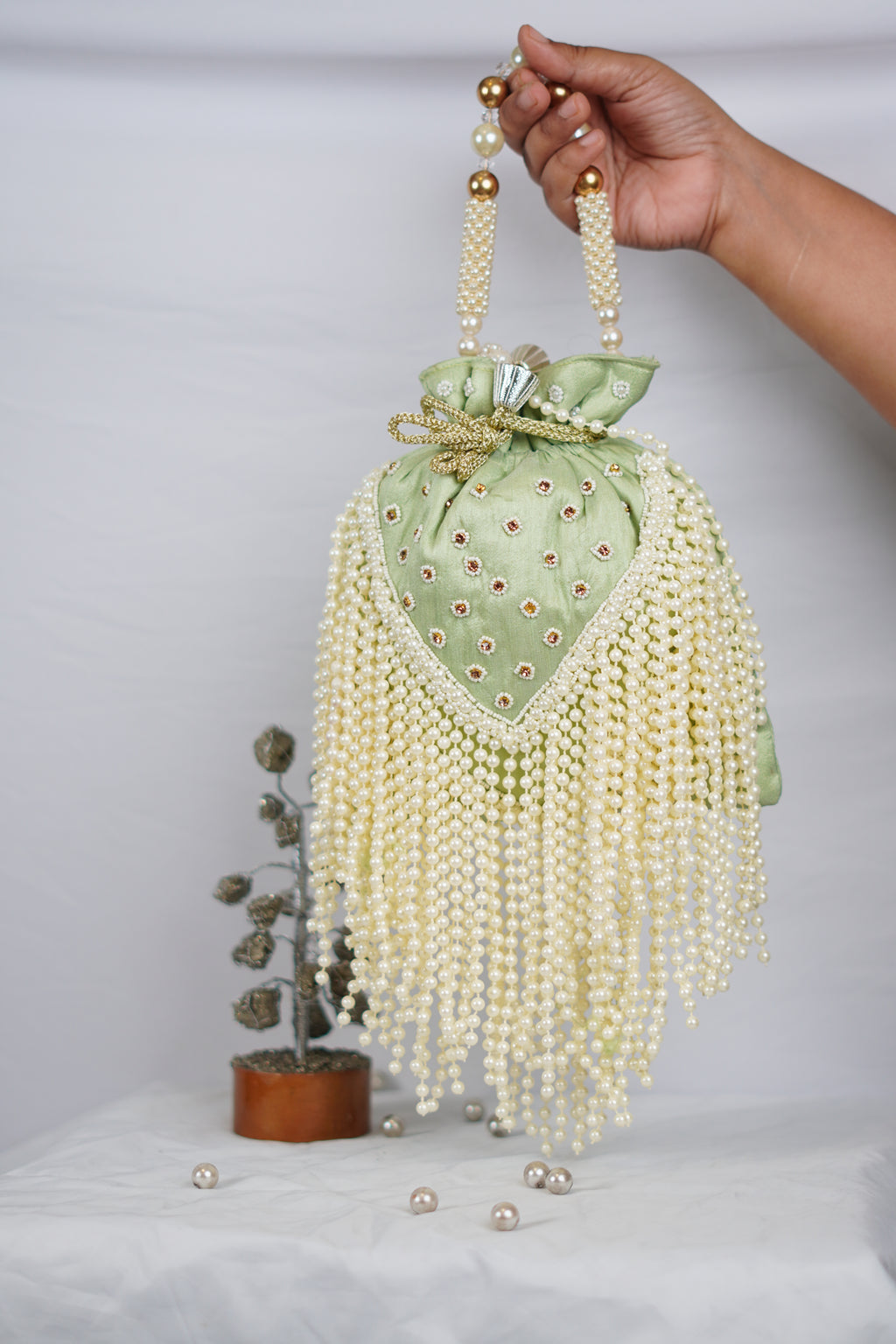 Green Potli with beaded tassels