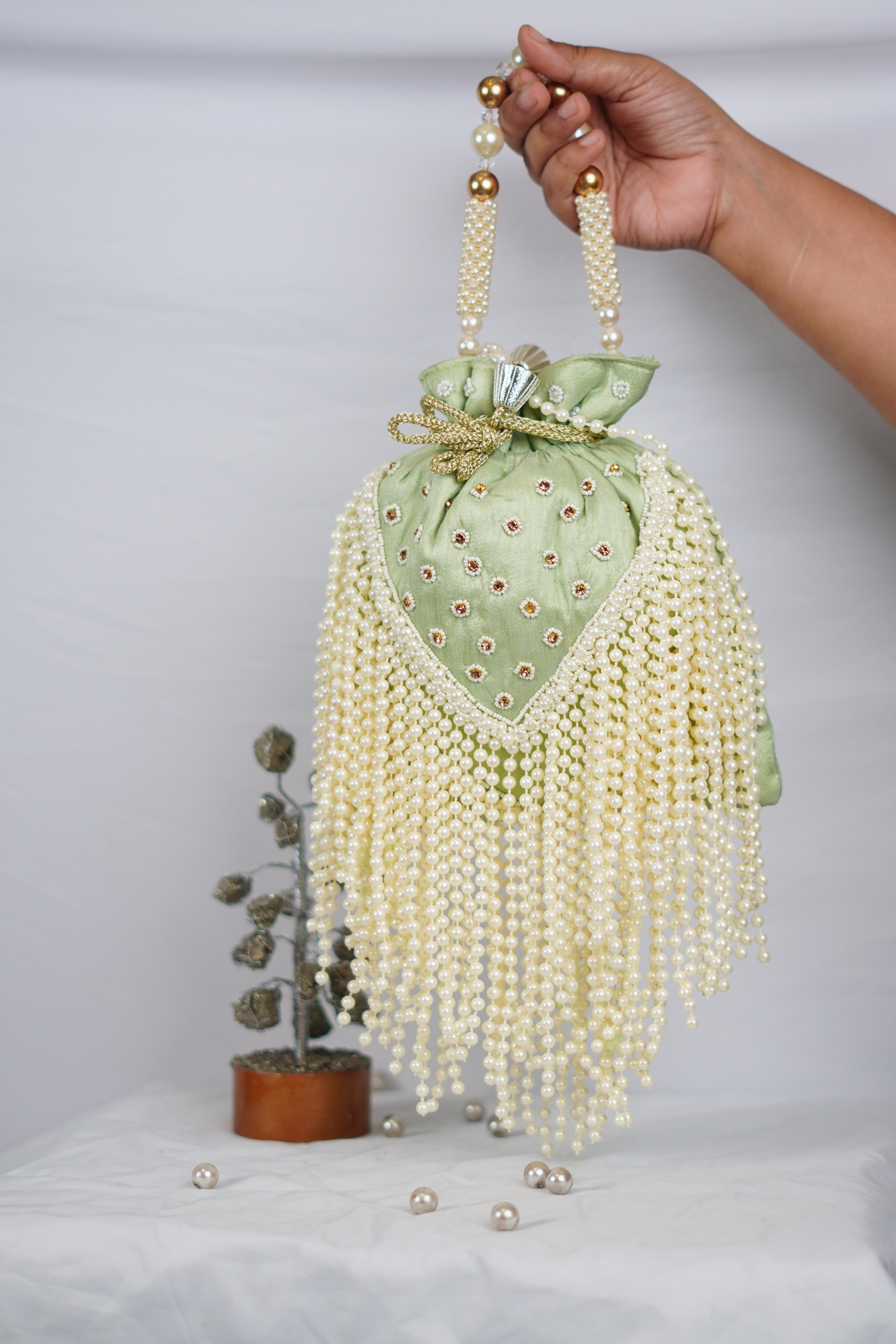 Green Potli with beaded tassels