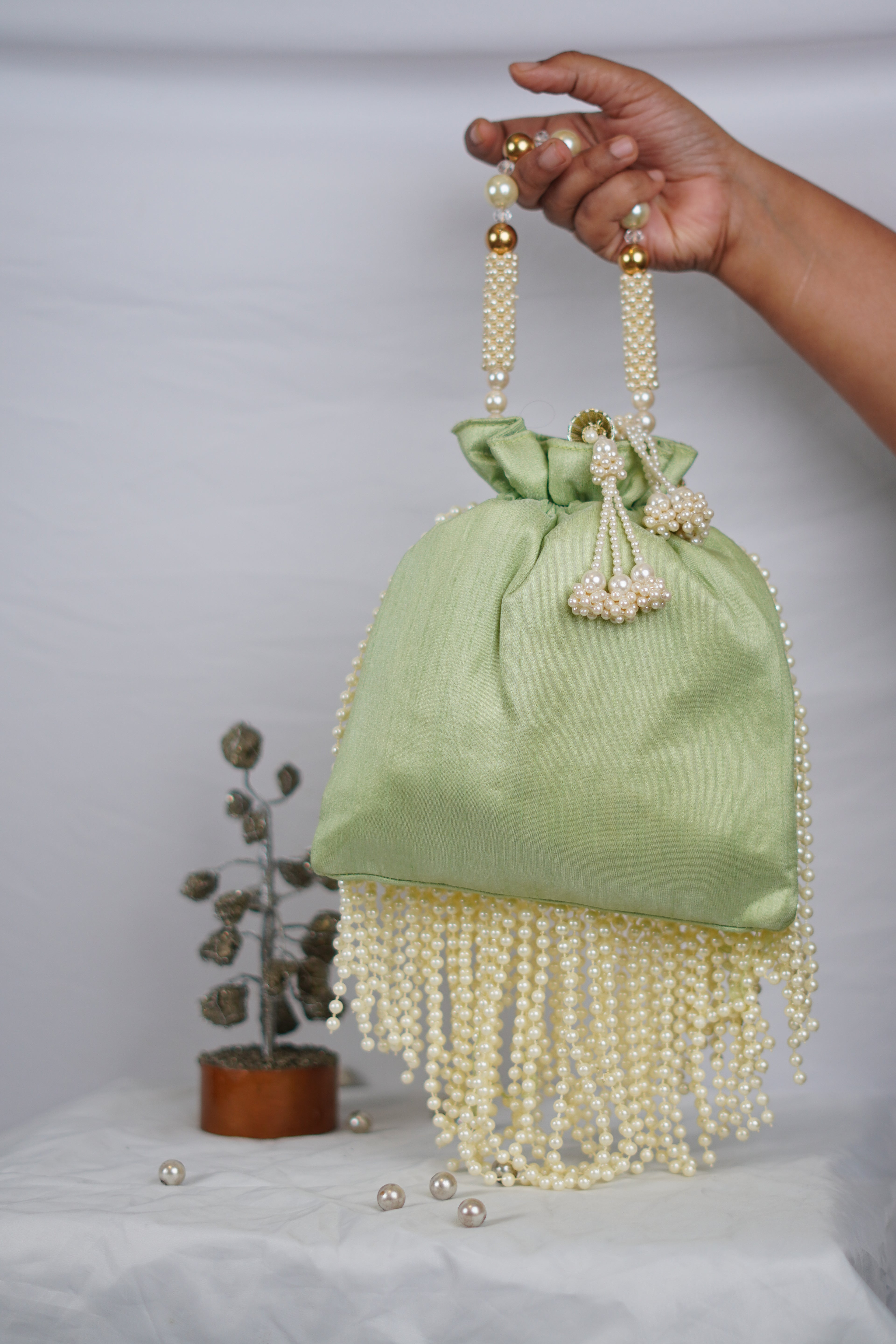 Green Potli with beaded tassels
