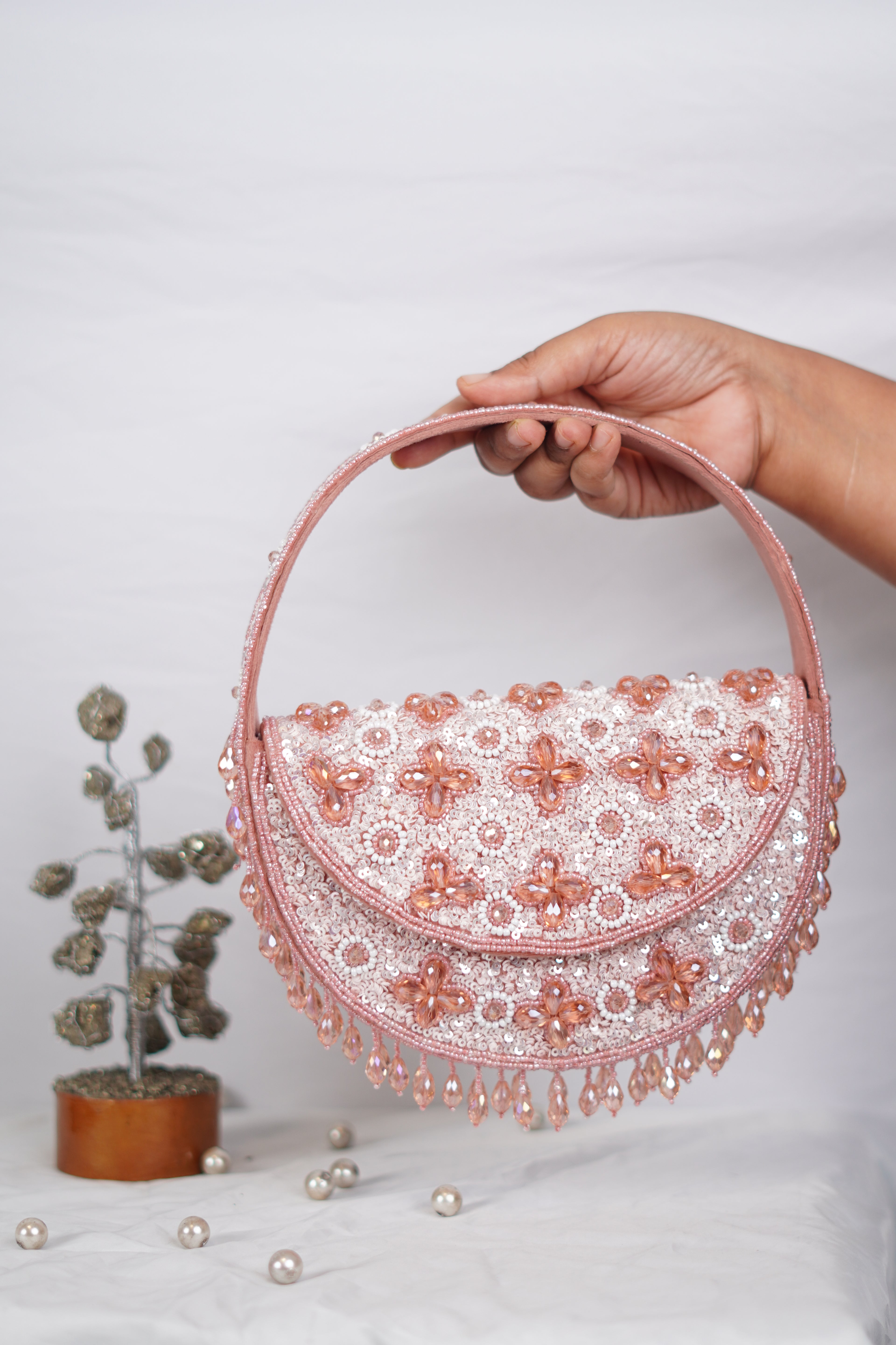 Basket shaped pink embellished bag
