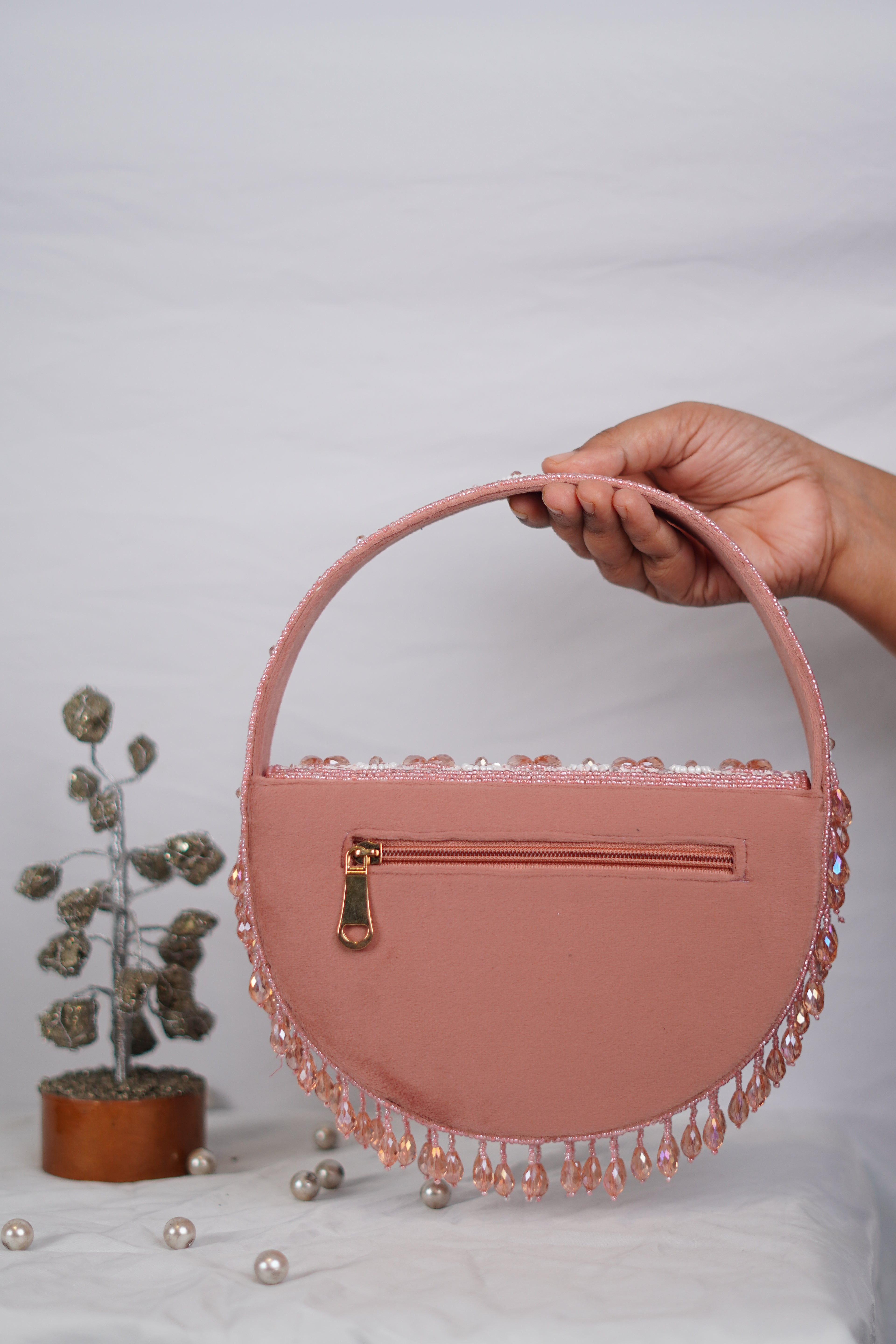Basket shaped pink embellished bag