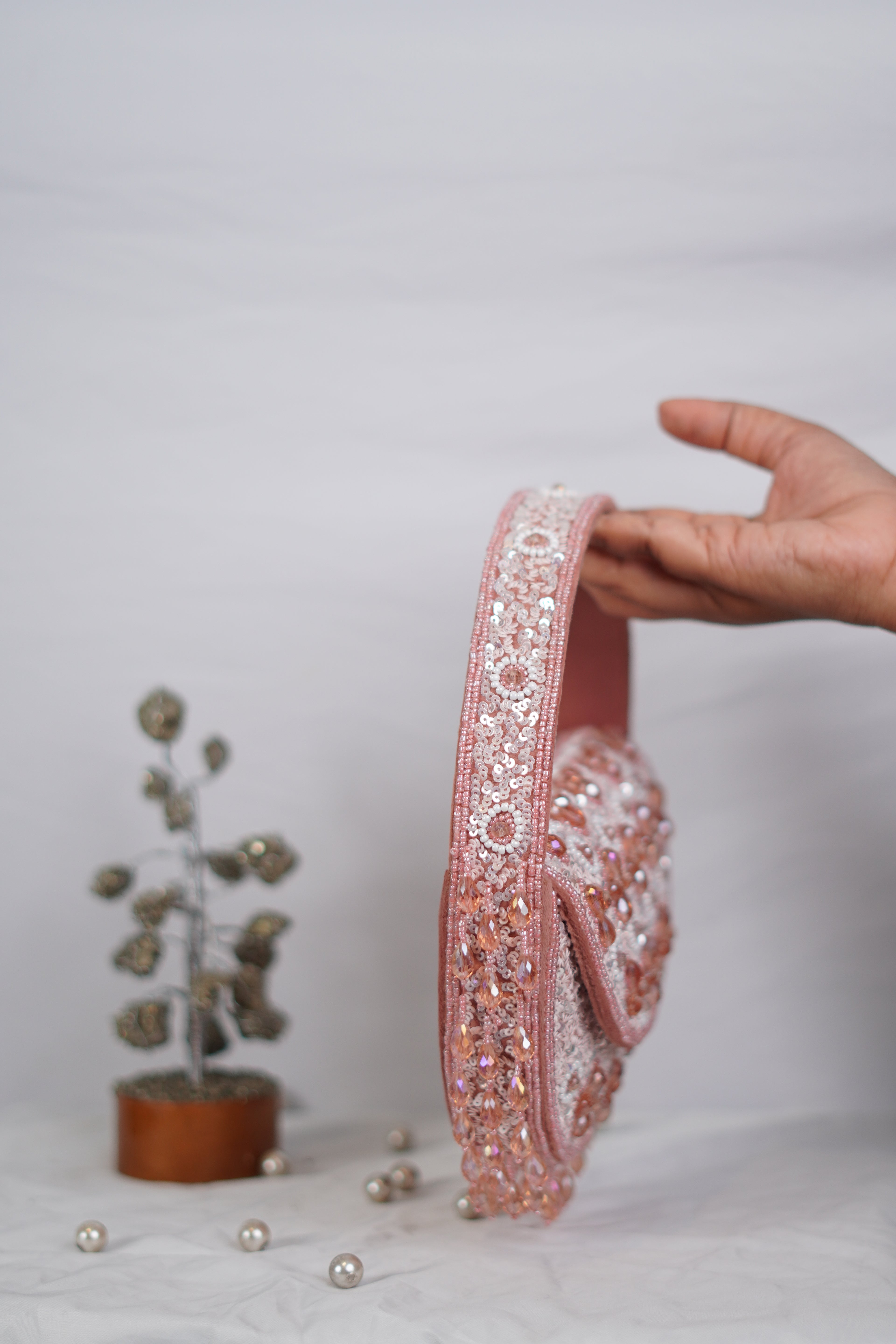 Basket shaped pink embellished bag