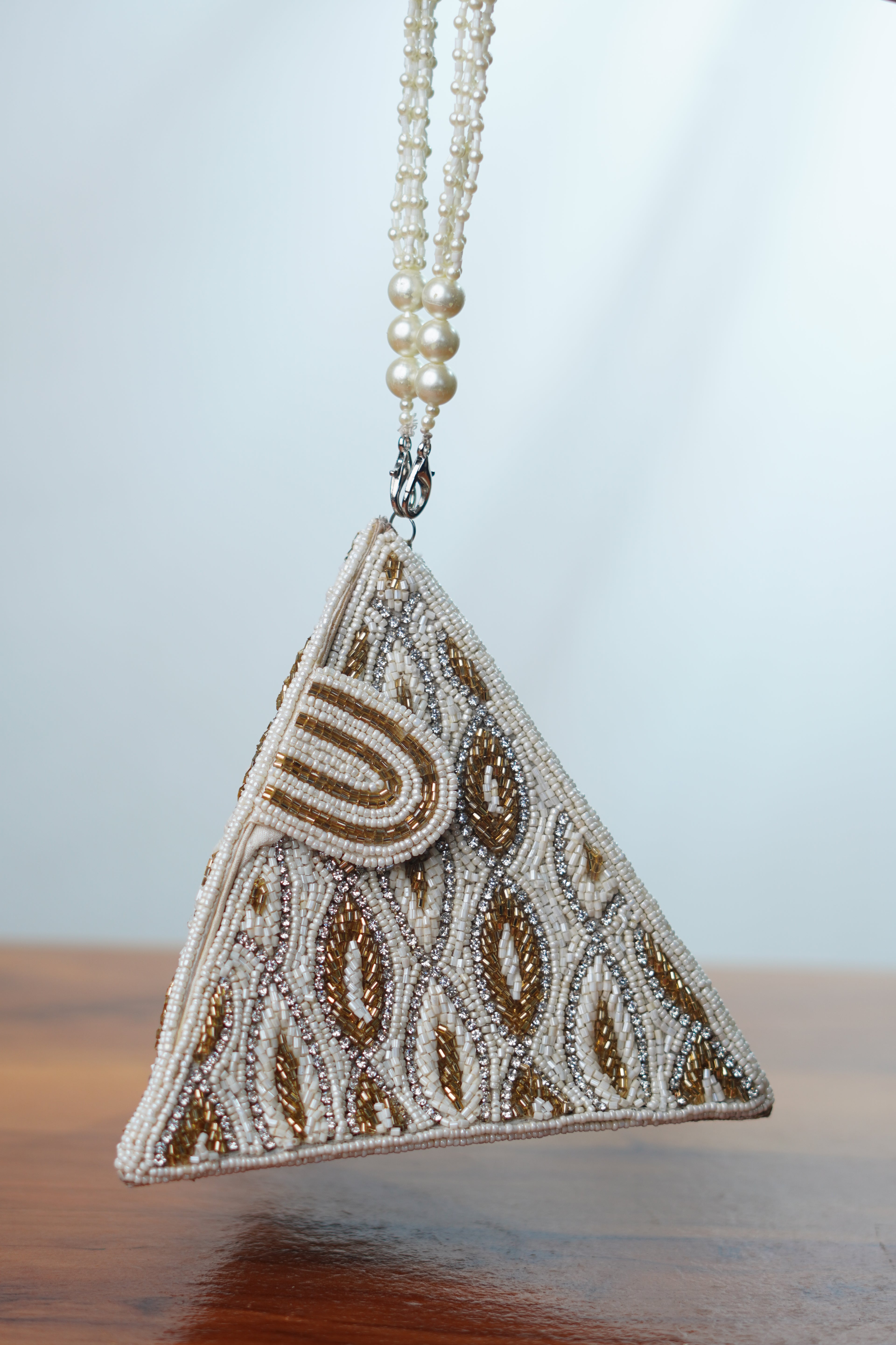 Triangle clutch bag with pearl handle , white