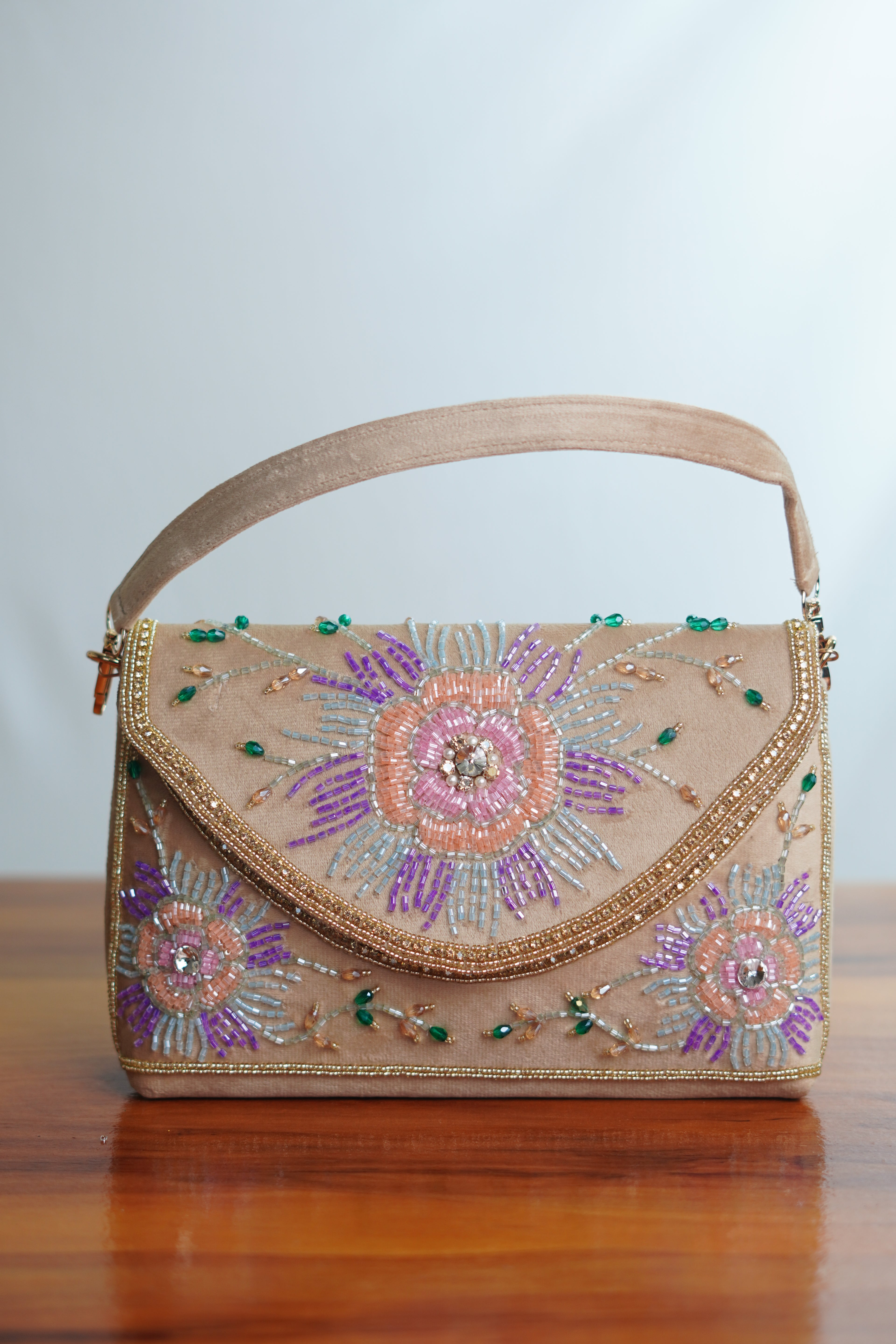Beaded floral party bag, Pink & purple