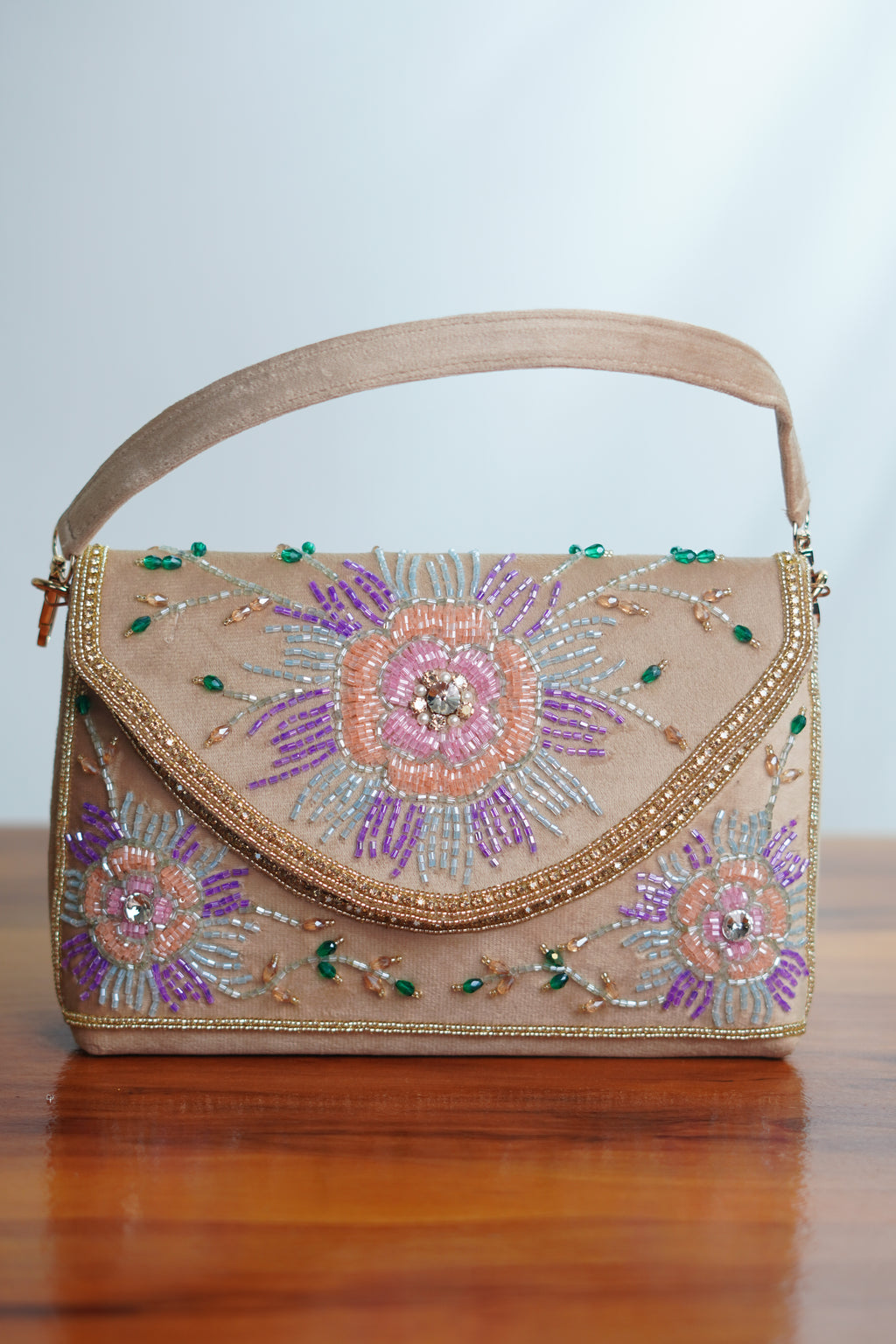 Beaded floral party bag, Pink & purple