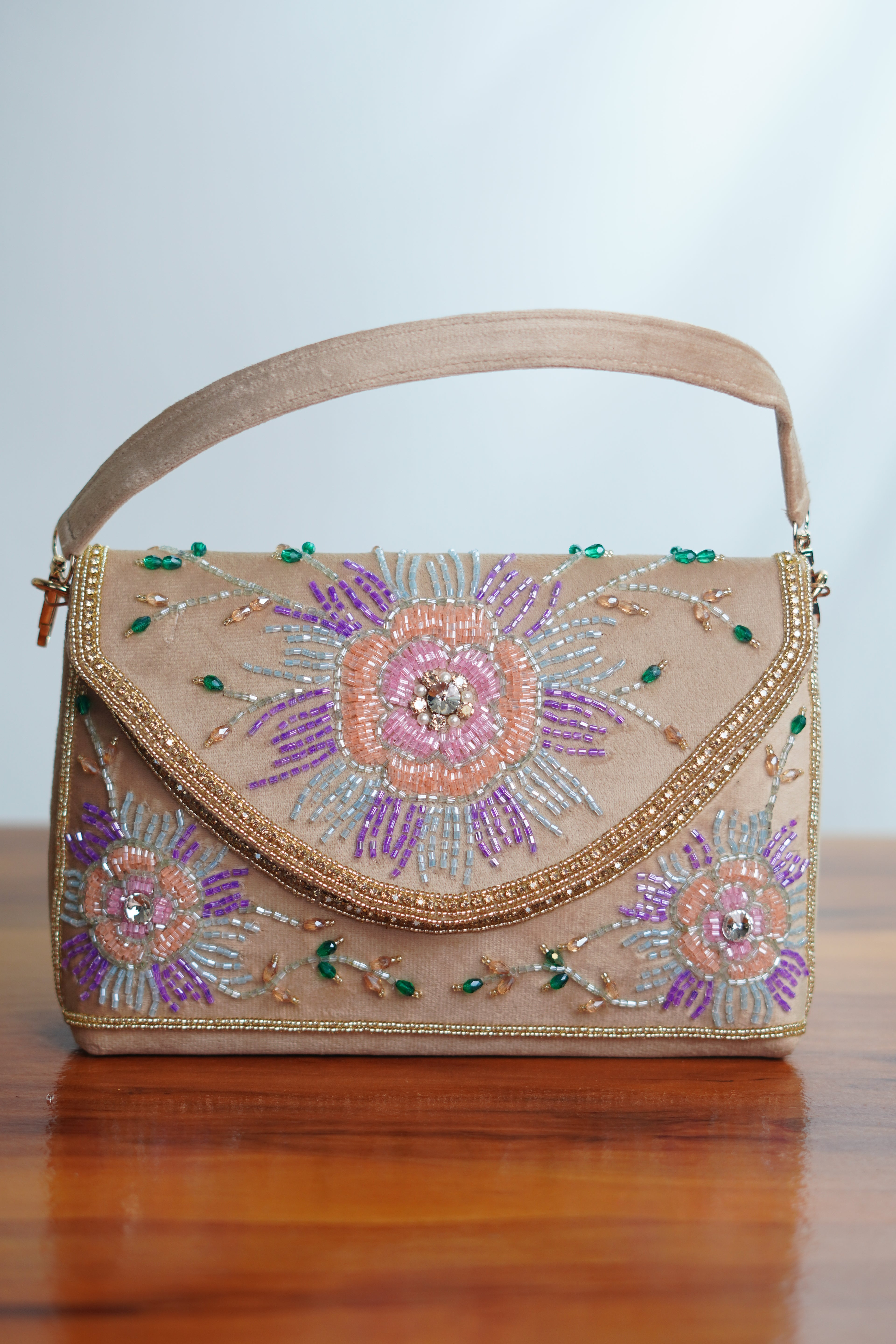Beaded floral party bag, Pink & purple