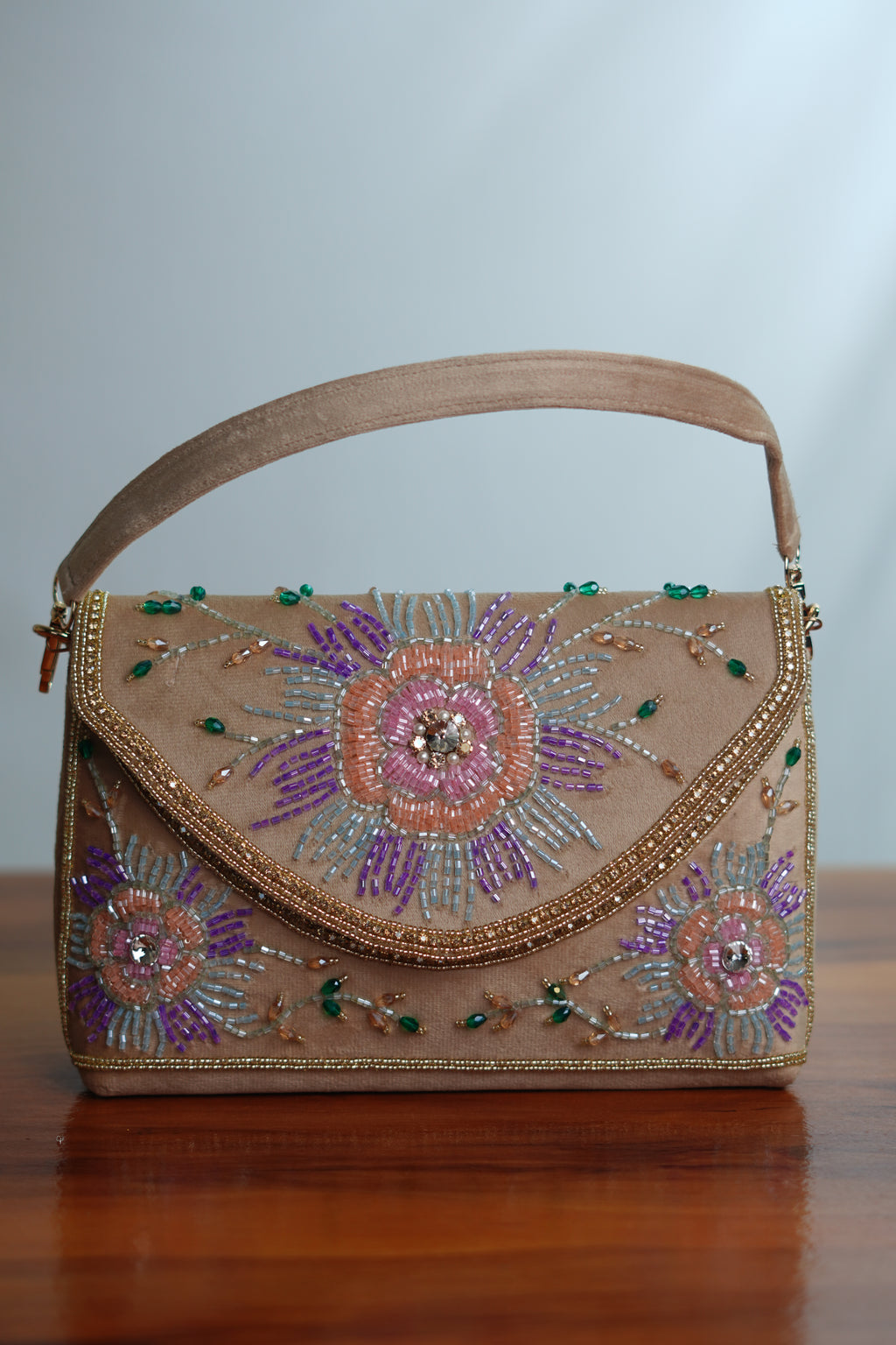 Beaded floral party bag, Pink & purple