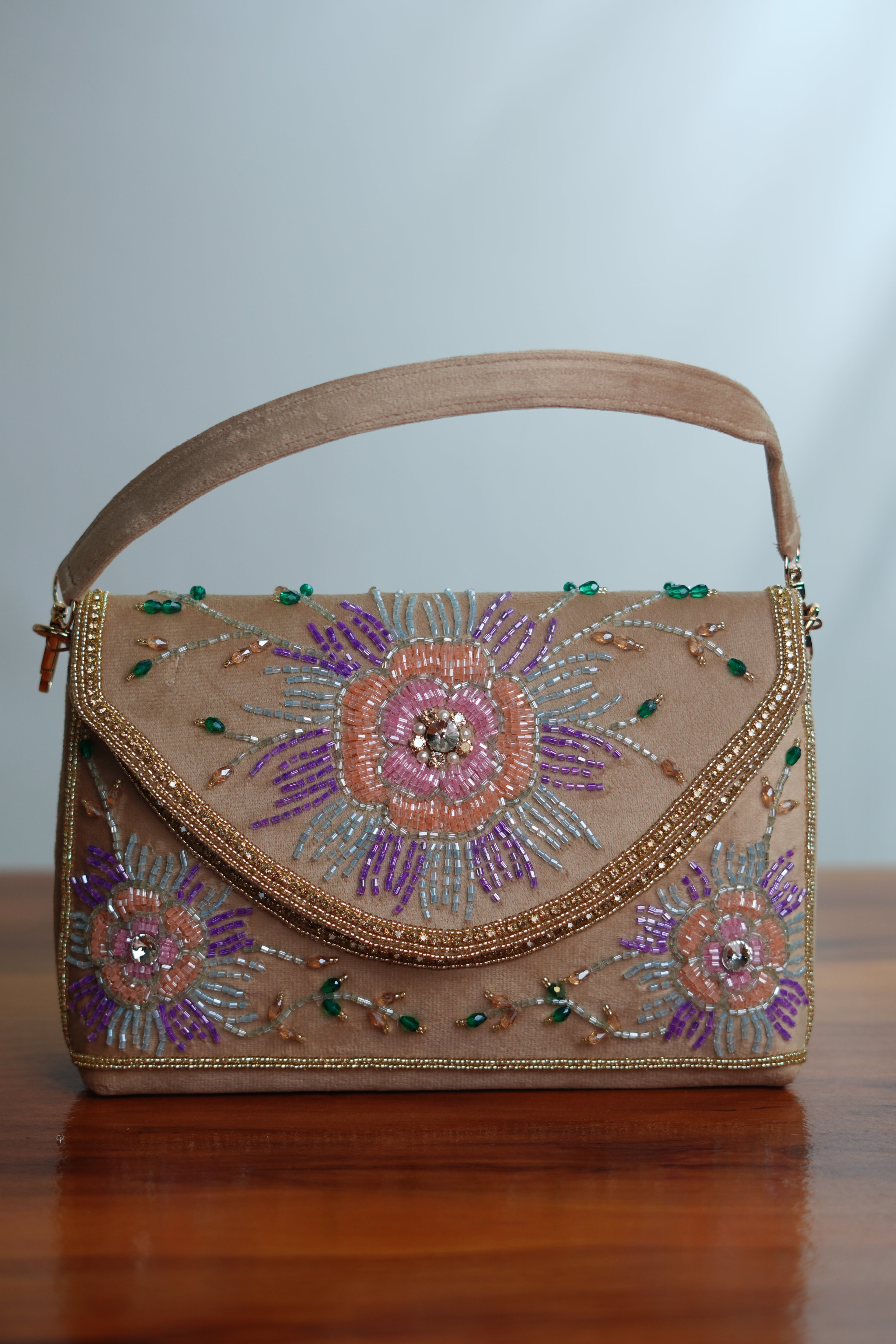 Beaded floral party bag, Pink & purple