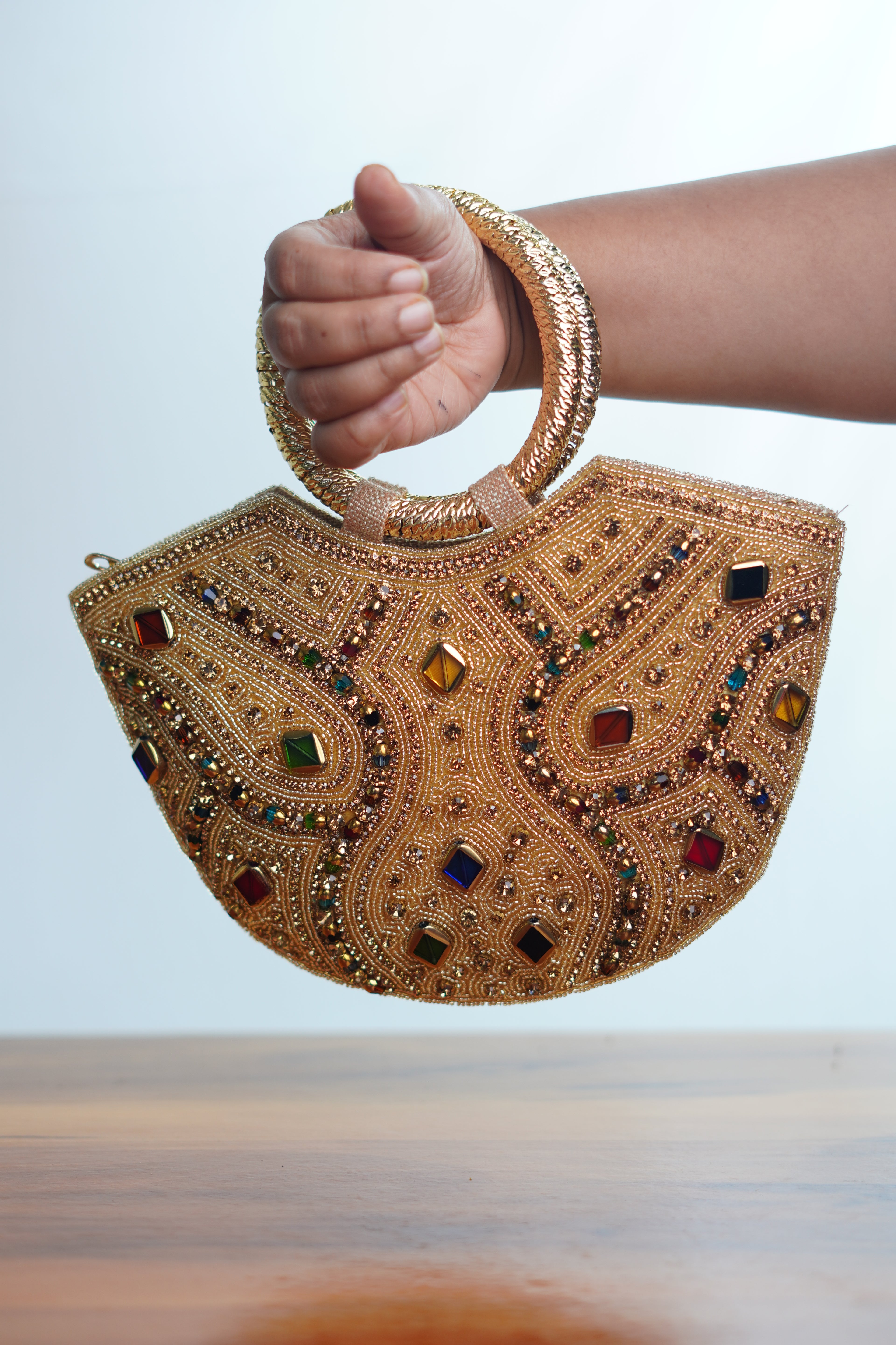 Basket Shaped bag with multicolor studs
