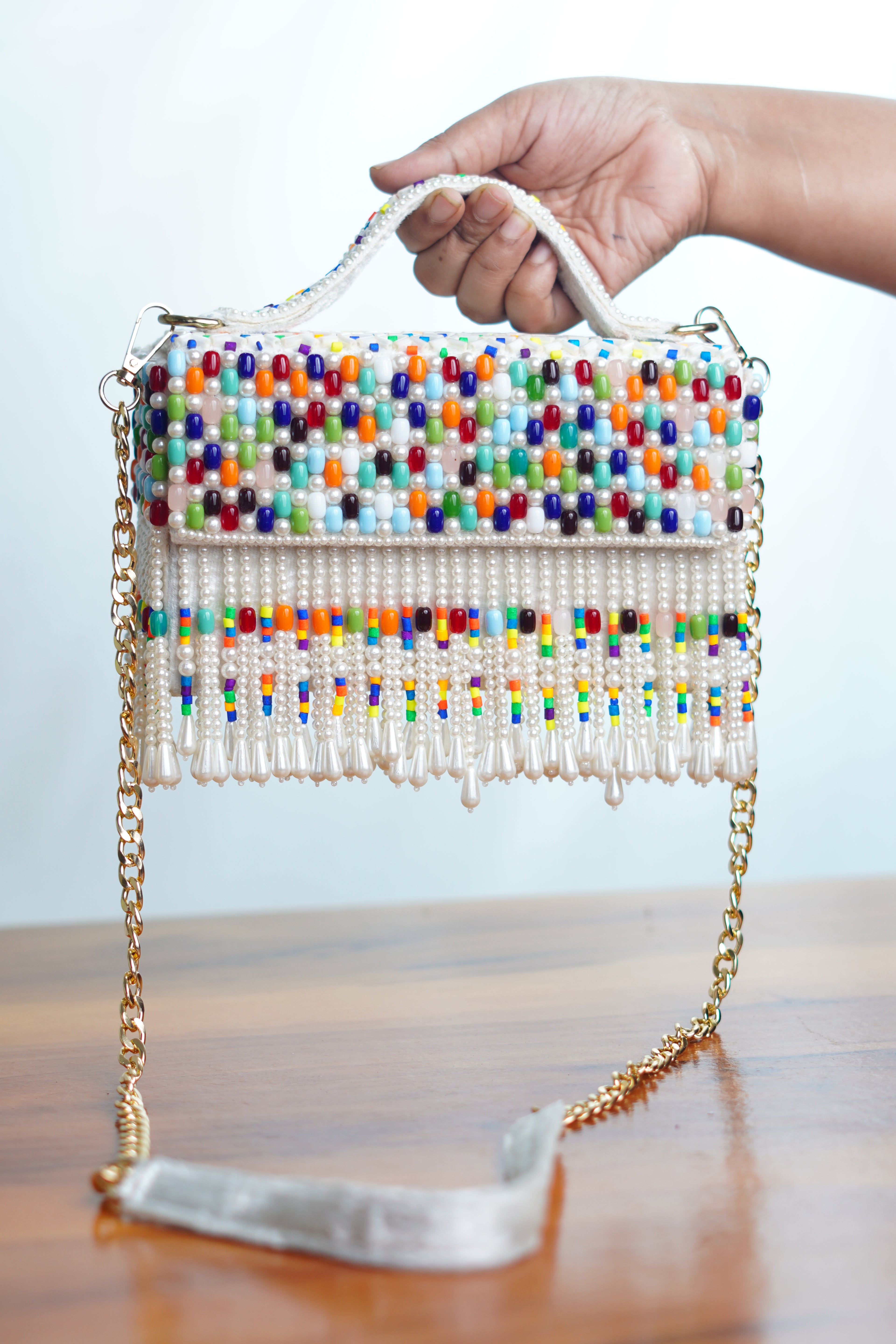Multicolored white bag  with beaded tassels