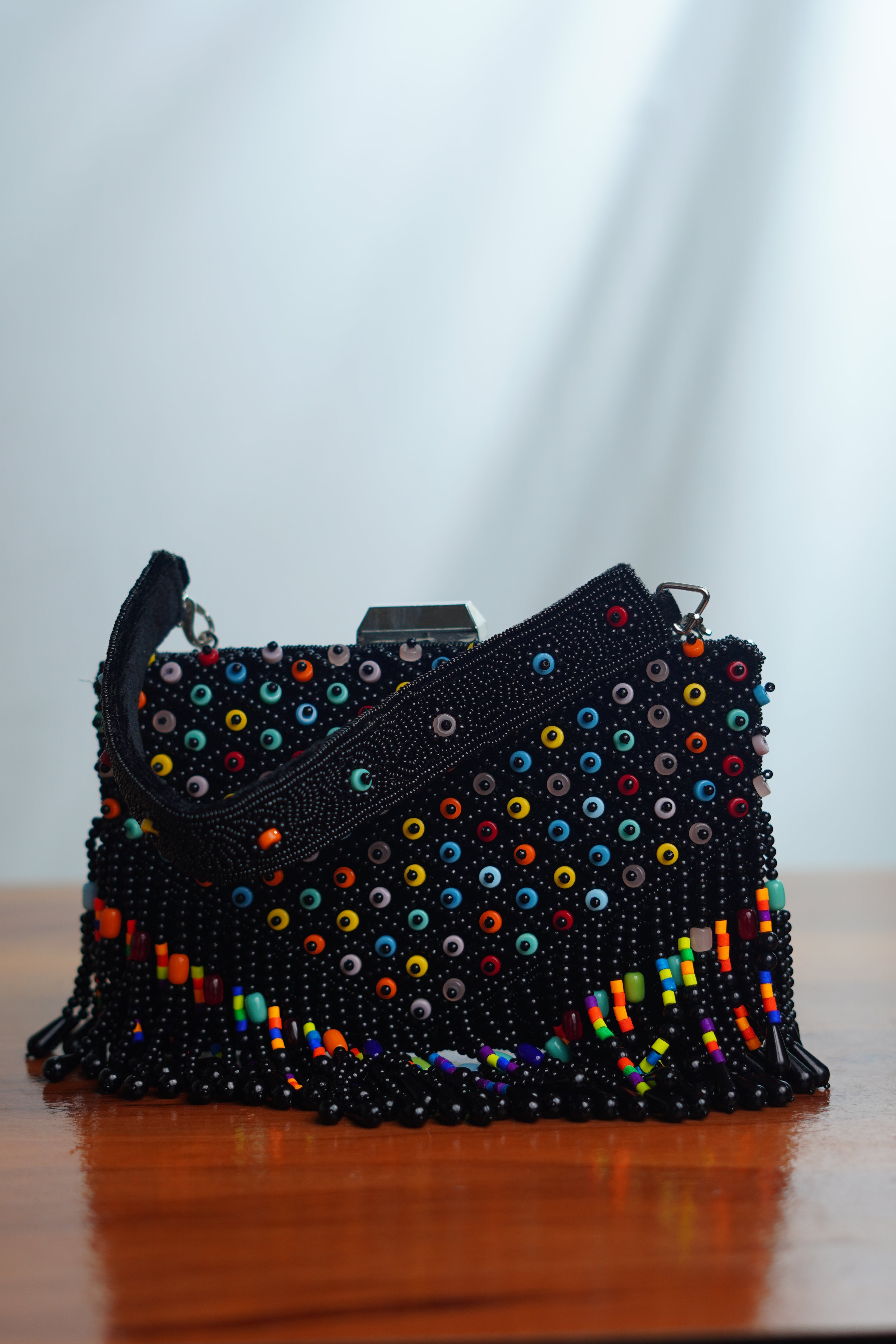 Mutlicolored beaded clutch , black
