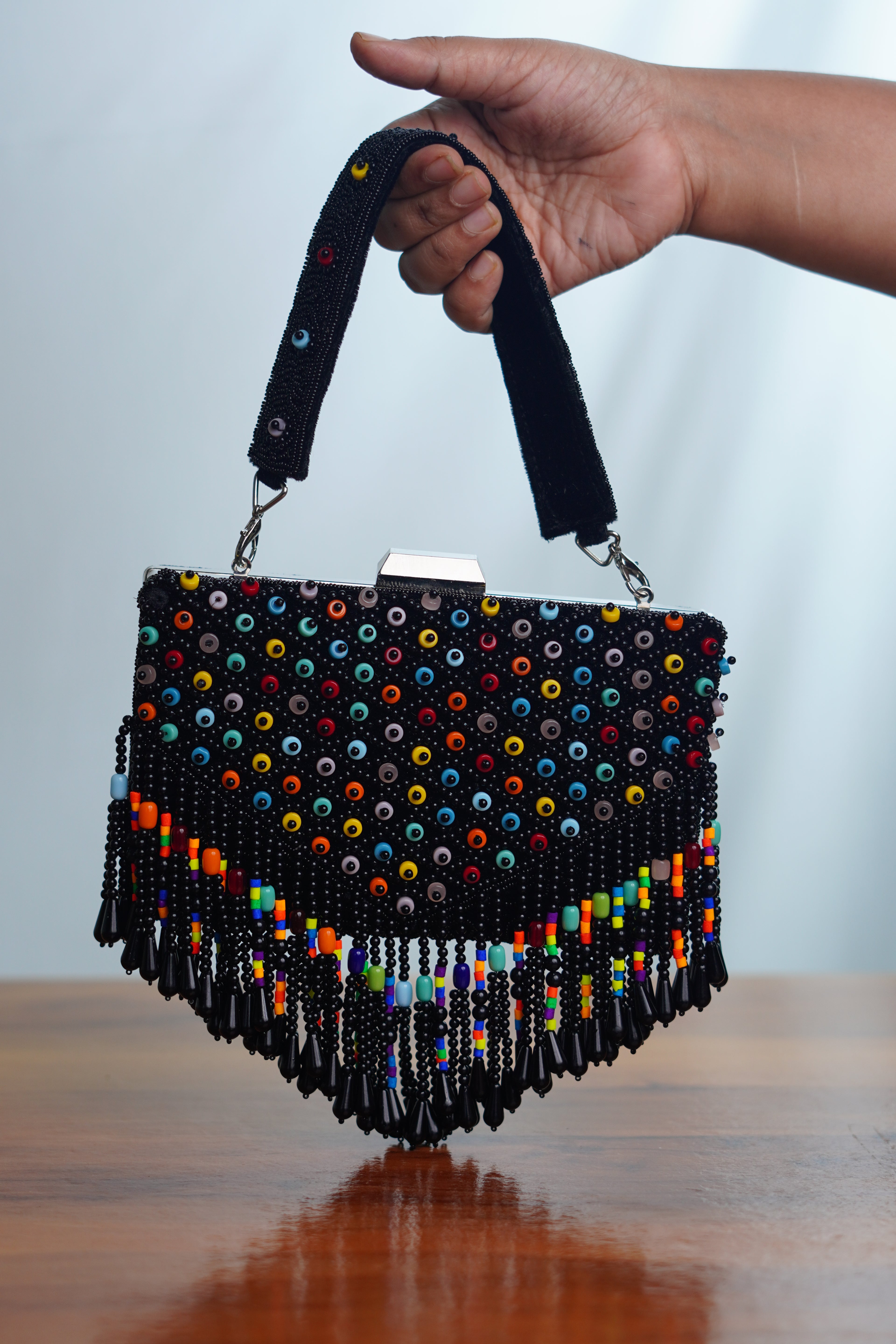 Mutlicolored beaded clutch , black