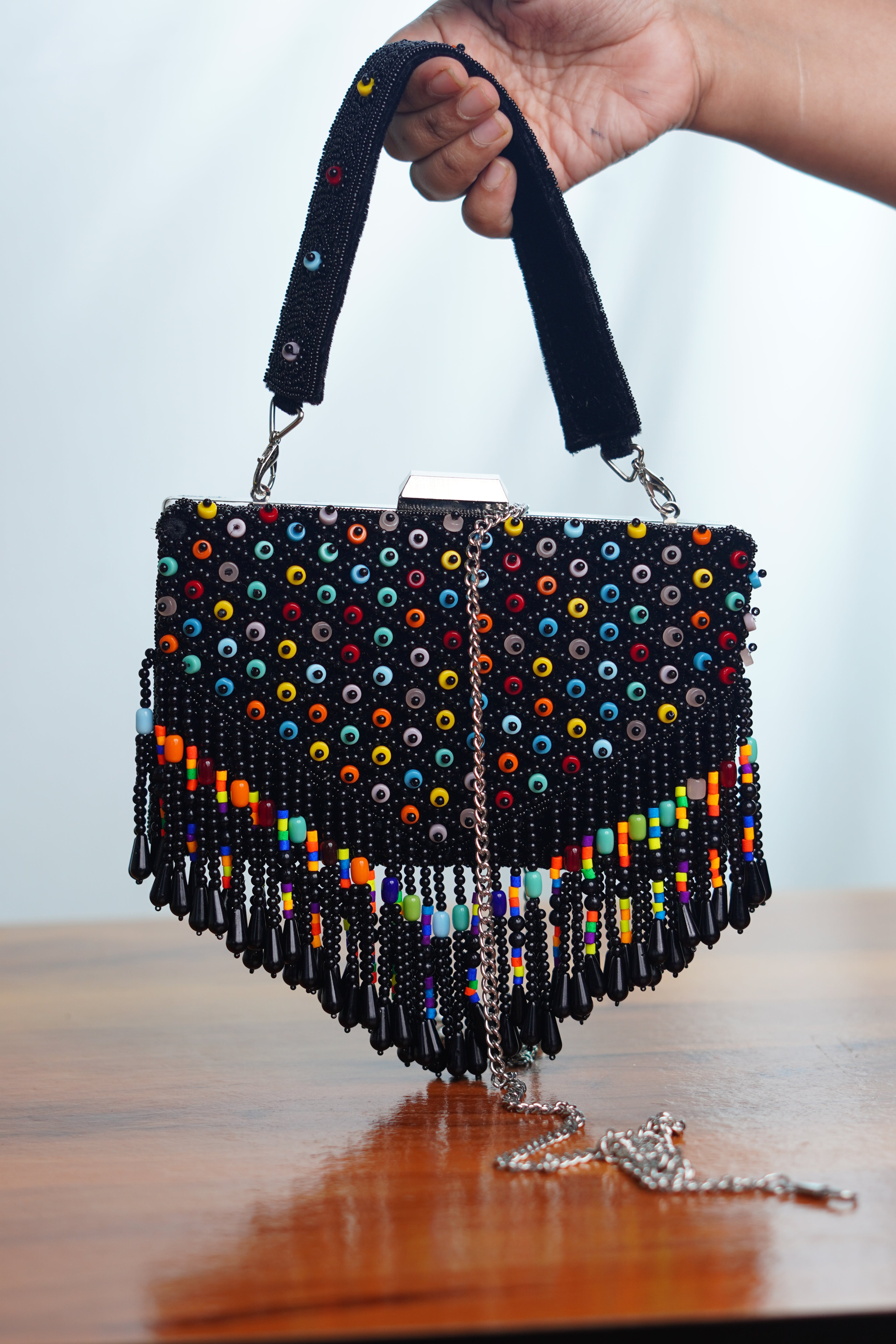 Mutlicolored beaded clutch , black
