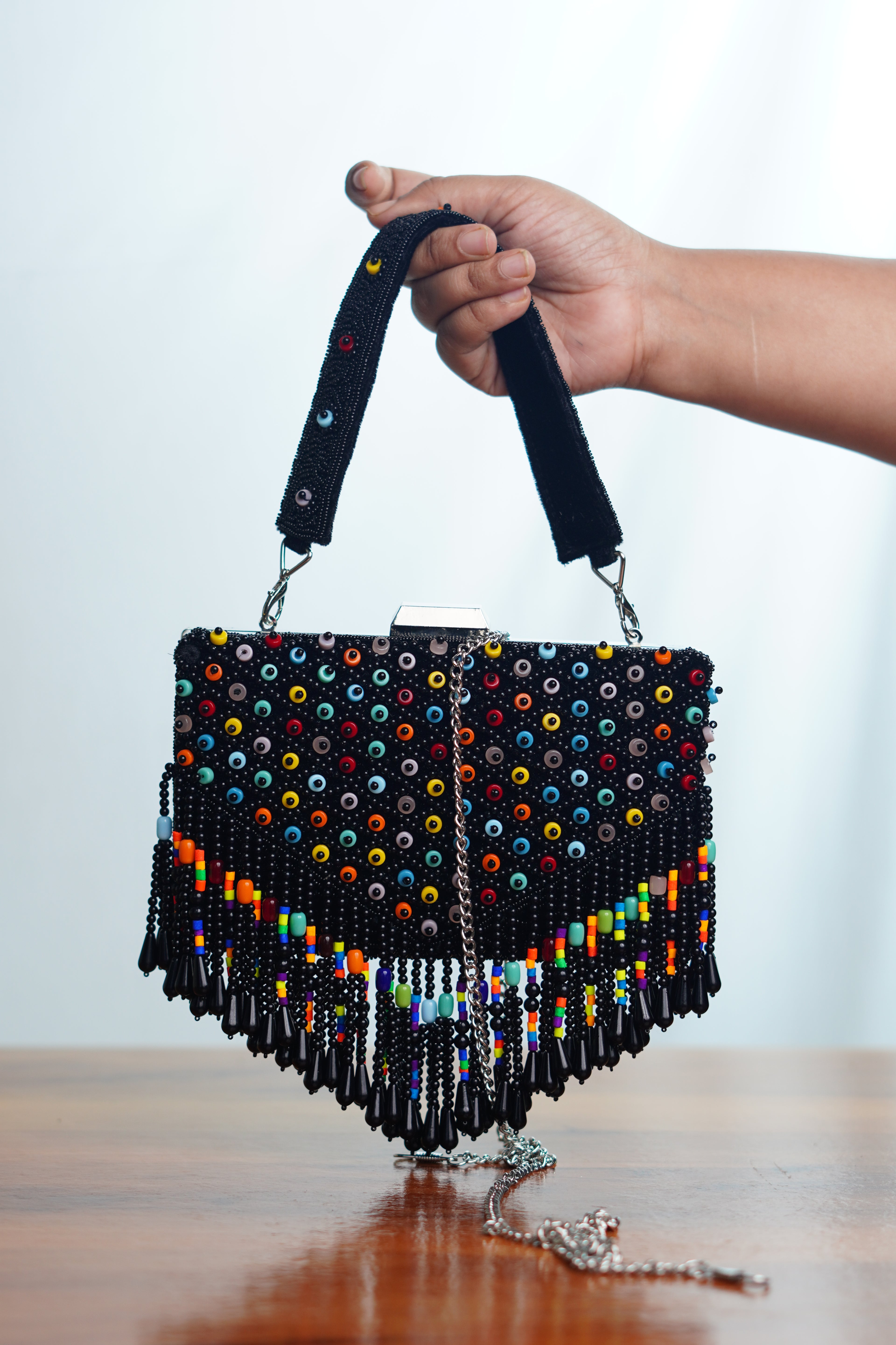 Mutlicolored beaded clutch , black