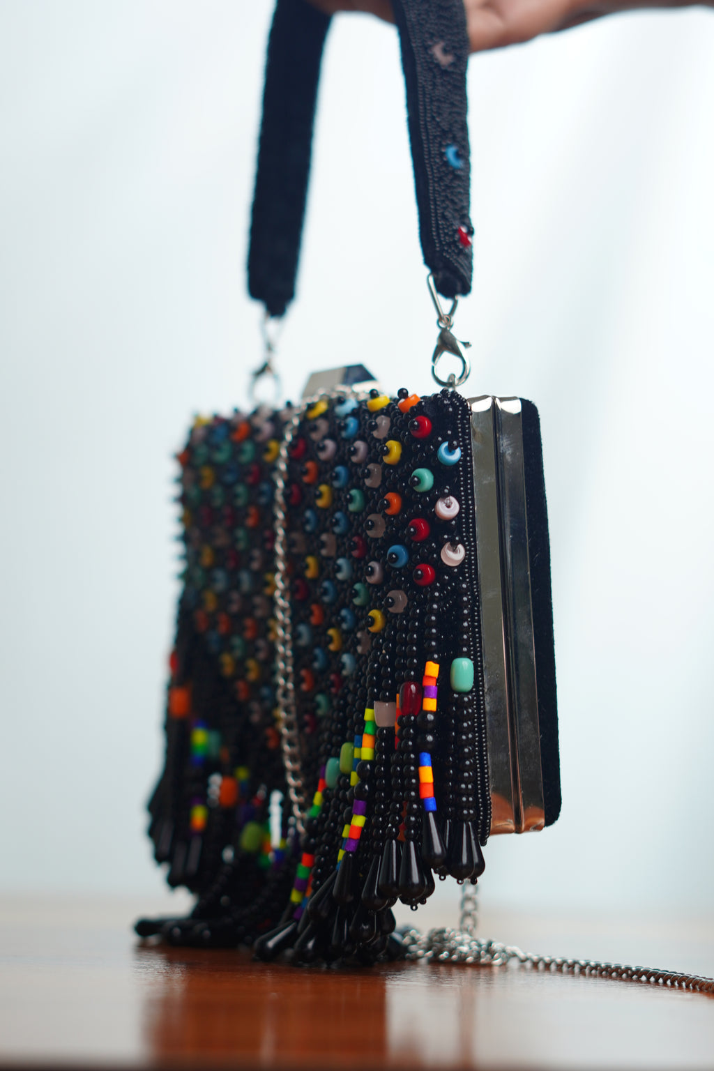Mutlicolored beaded clutch , black