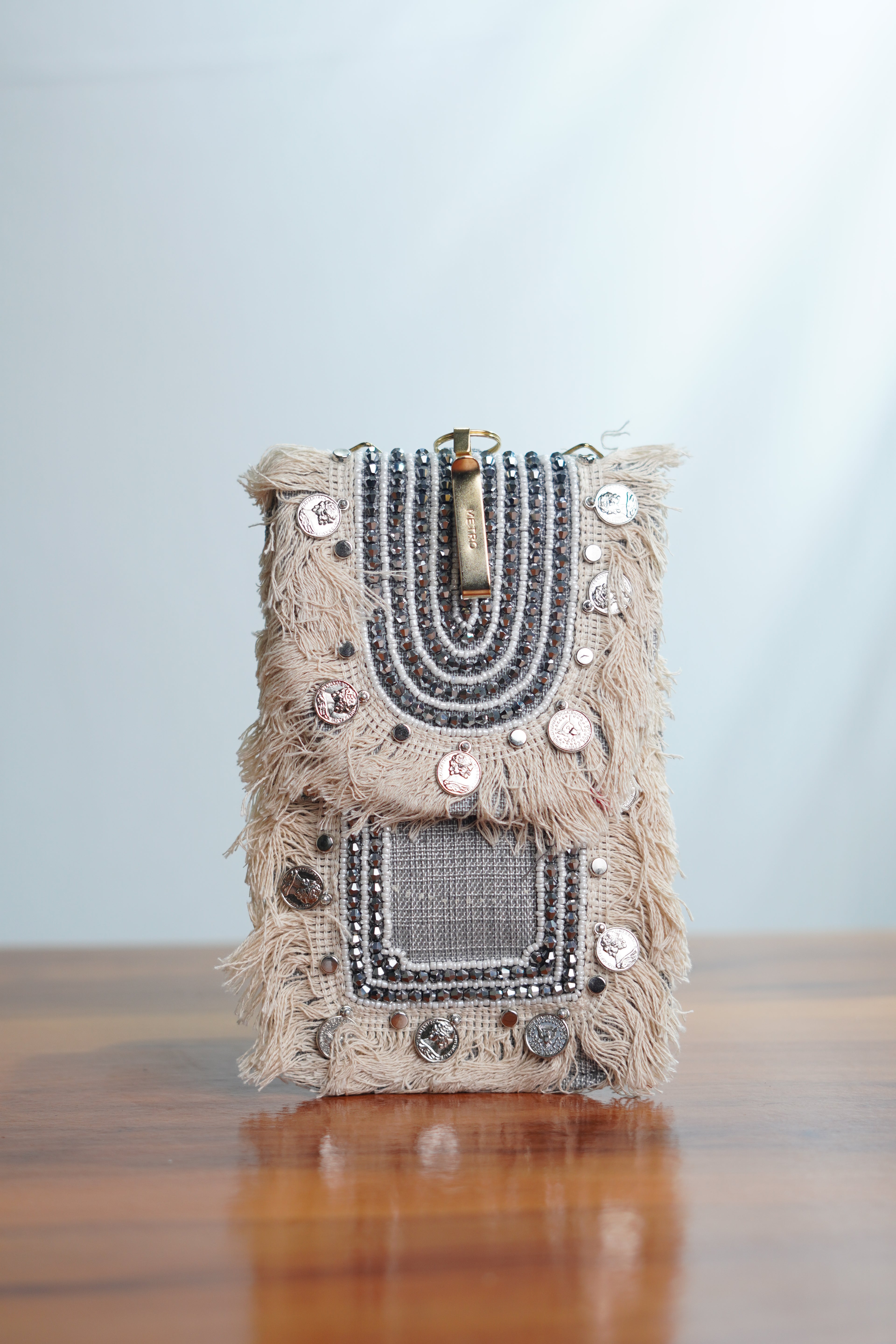 Saree clip mobile pouch with tassels, grey