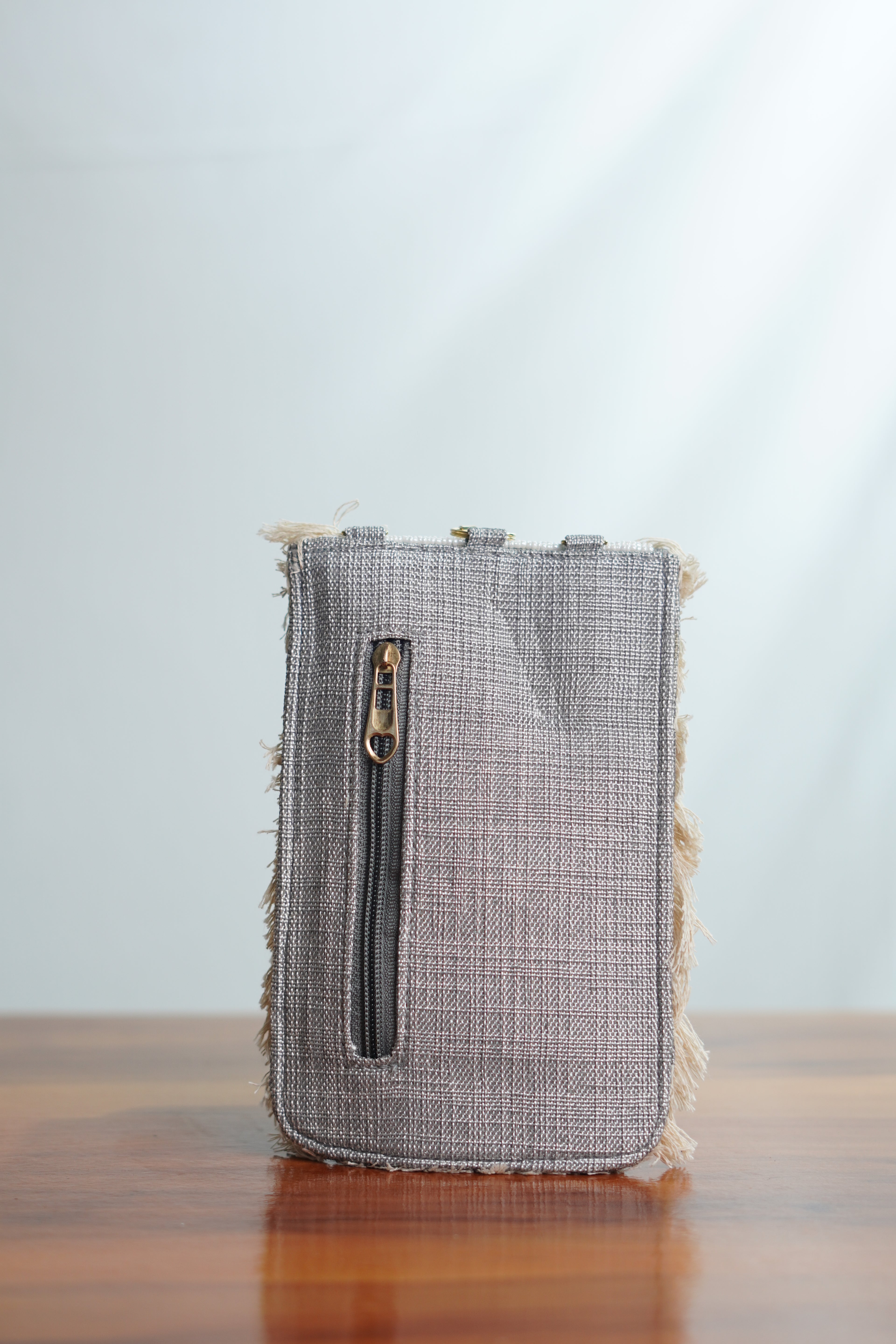 Saree clip mobile pouch with tassels, grey