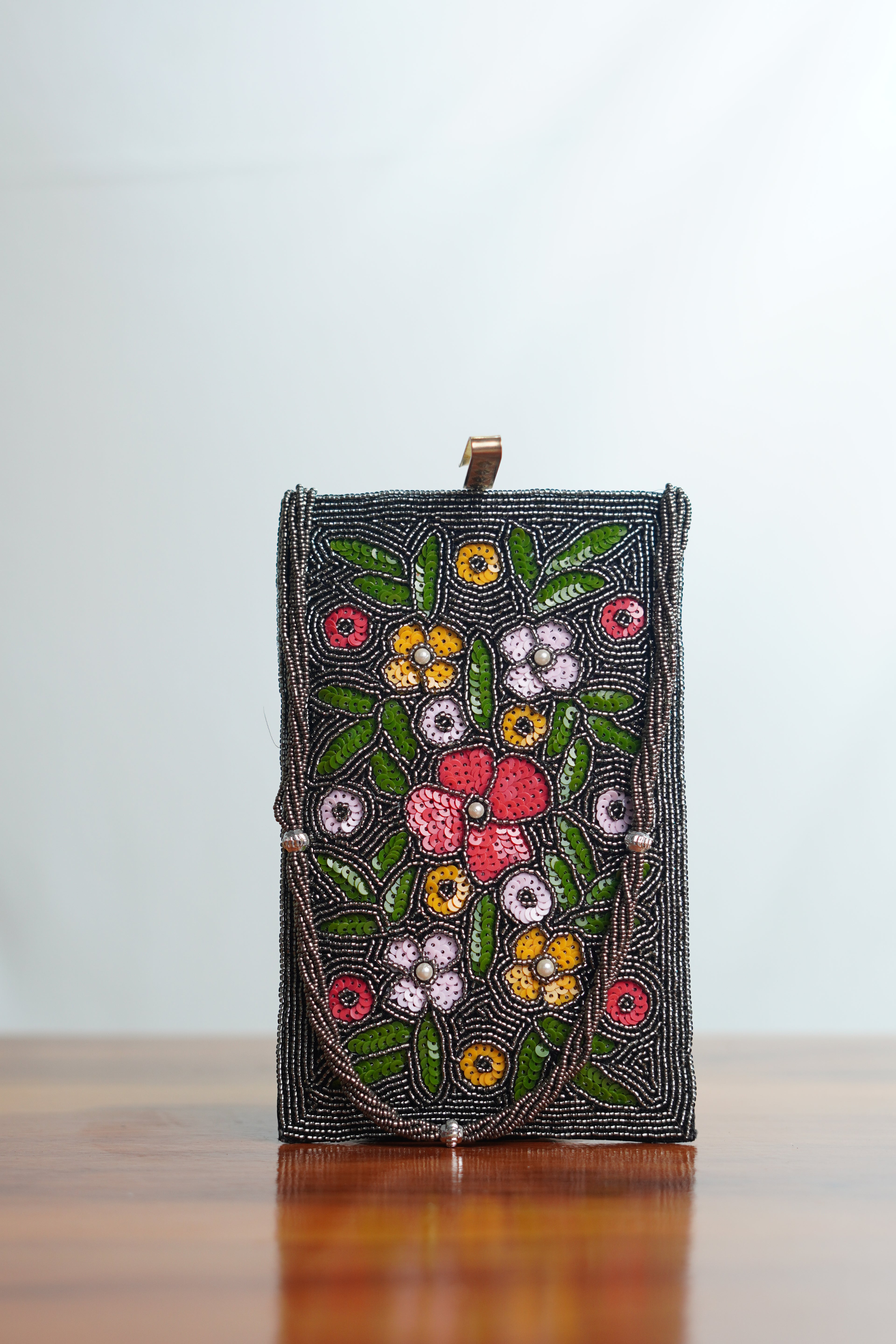 Floral Bead work Saree clip mobile pouch , grey