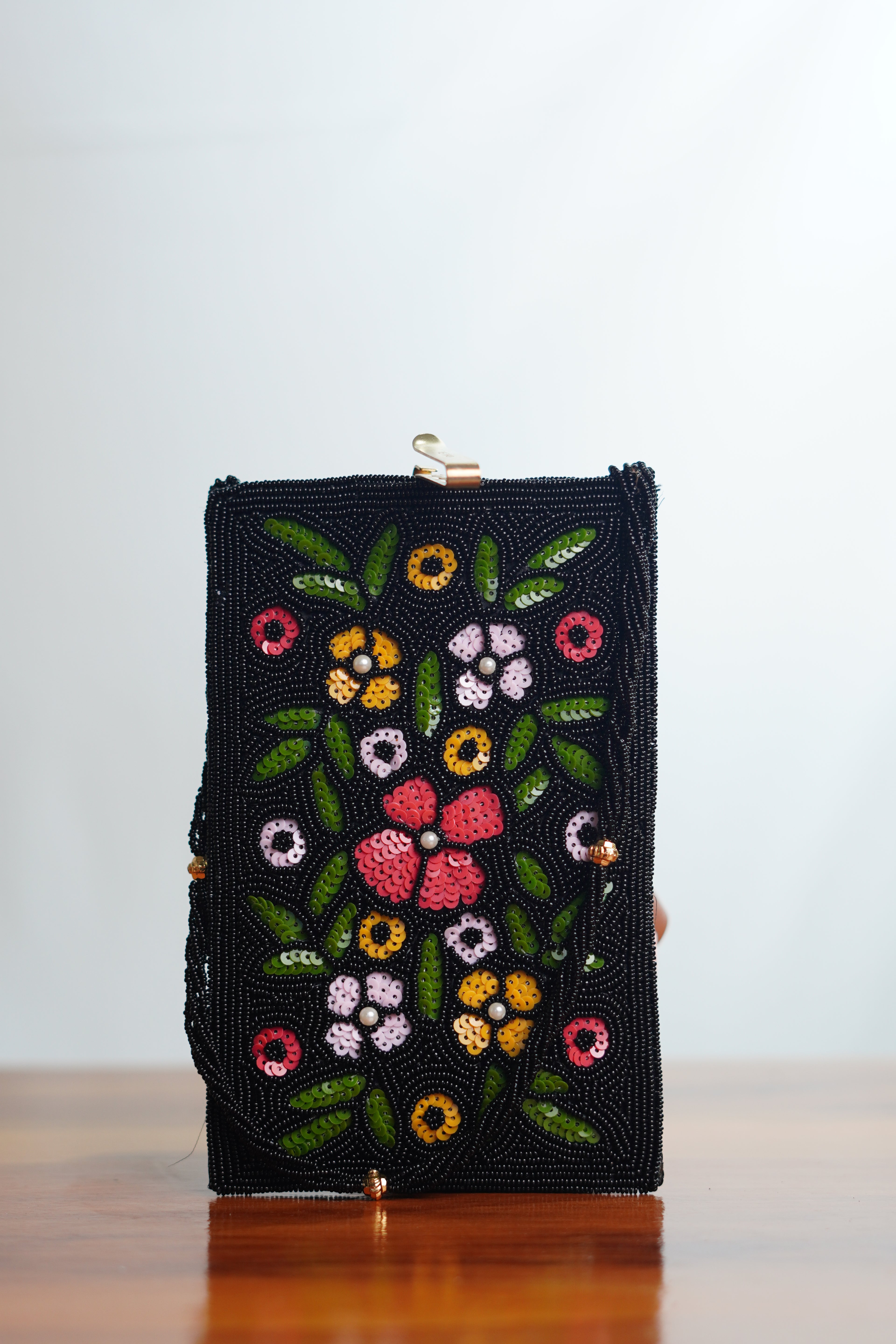 Floral Bead work Saree clip mobile pouch , black