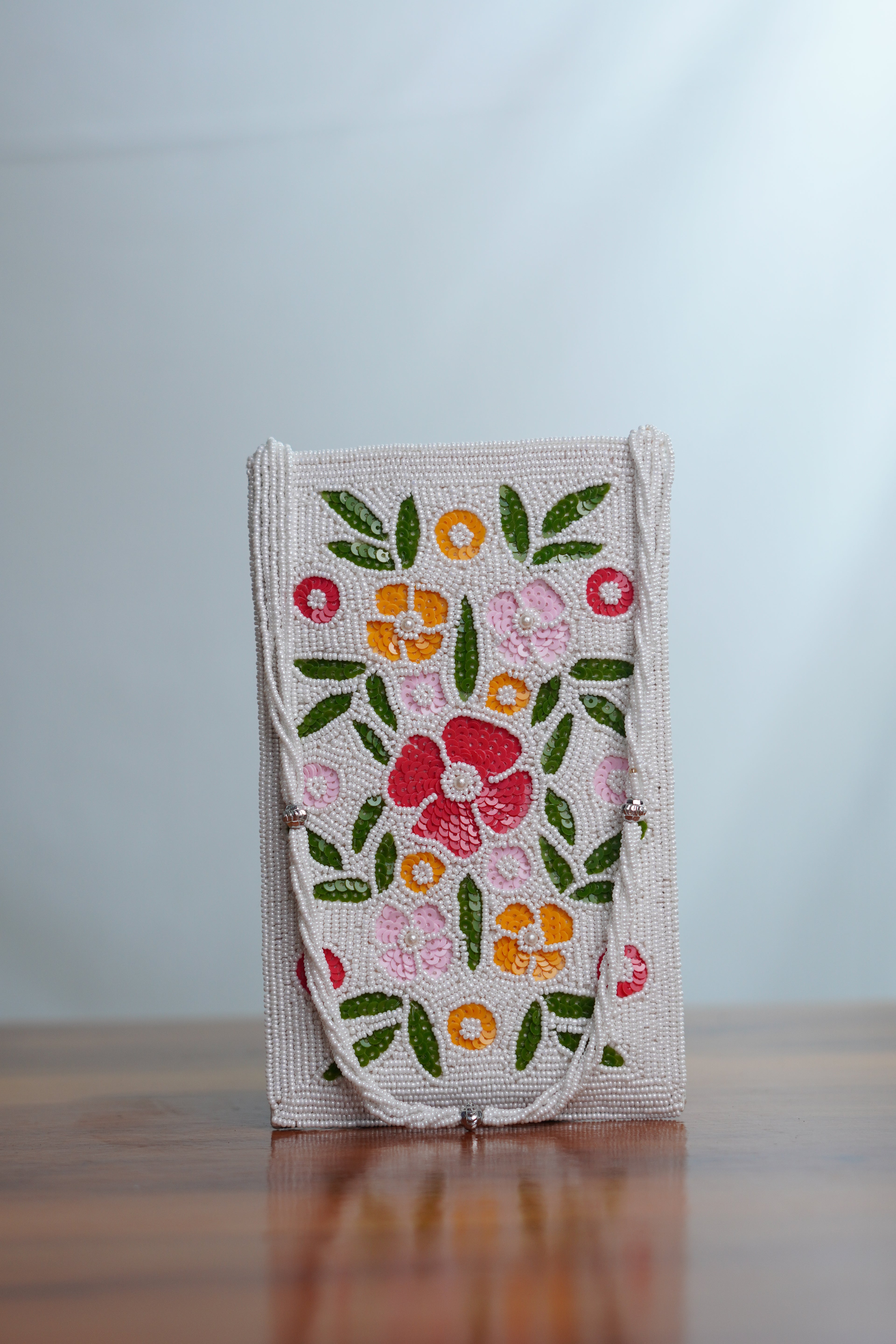 Floral Bead work Saree clip mobile pouch , white