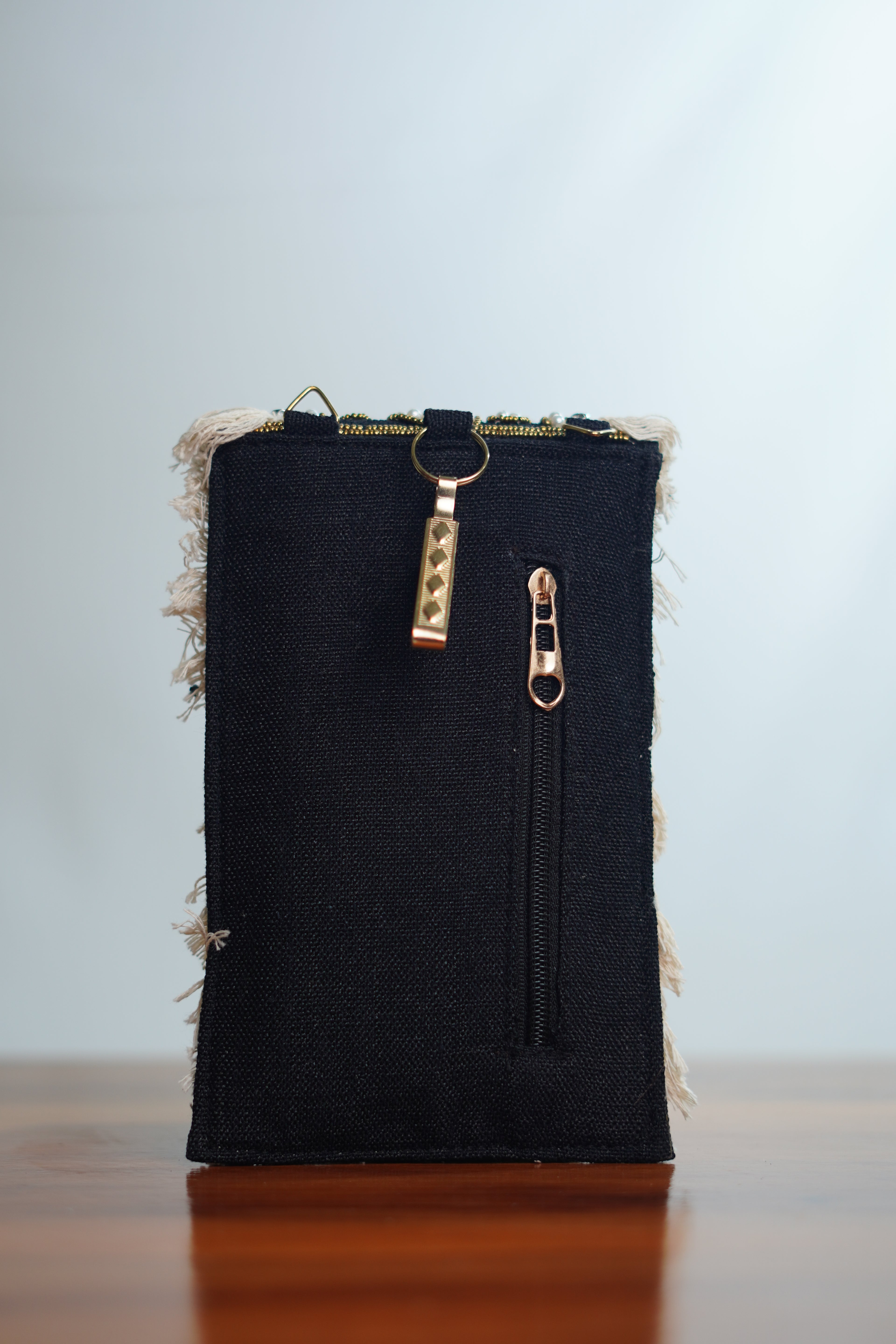 Saree clip mobile pouch with tassels, black