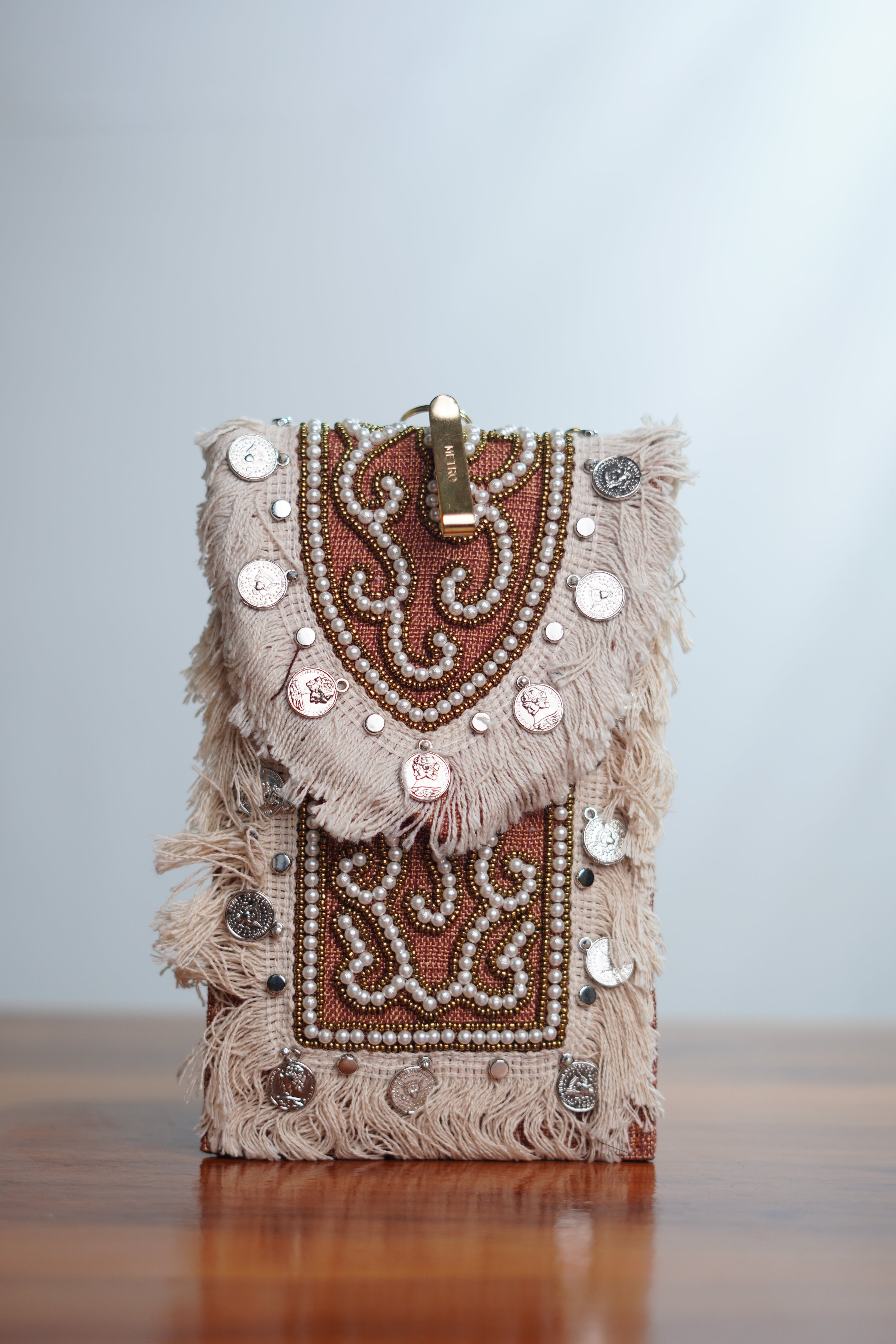 Saree clip mobile pouch with tassels, brown