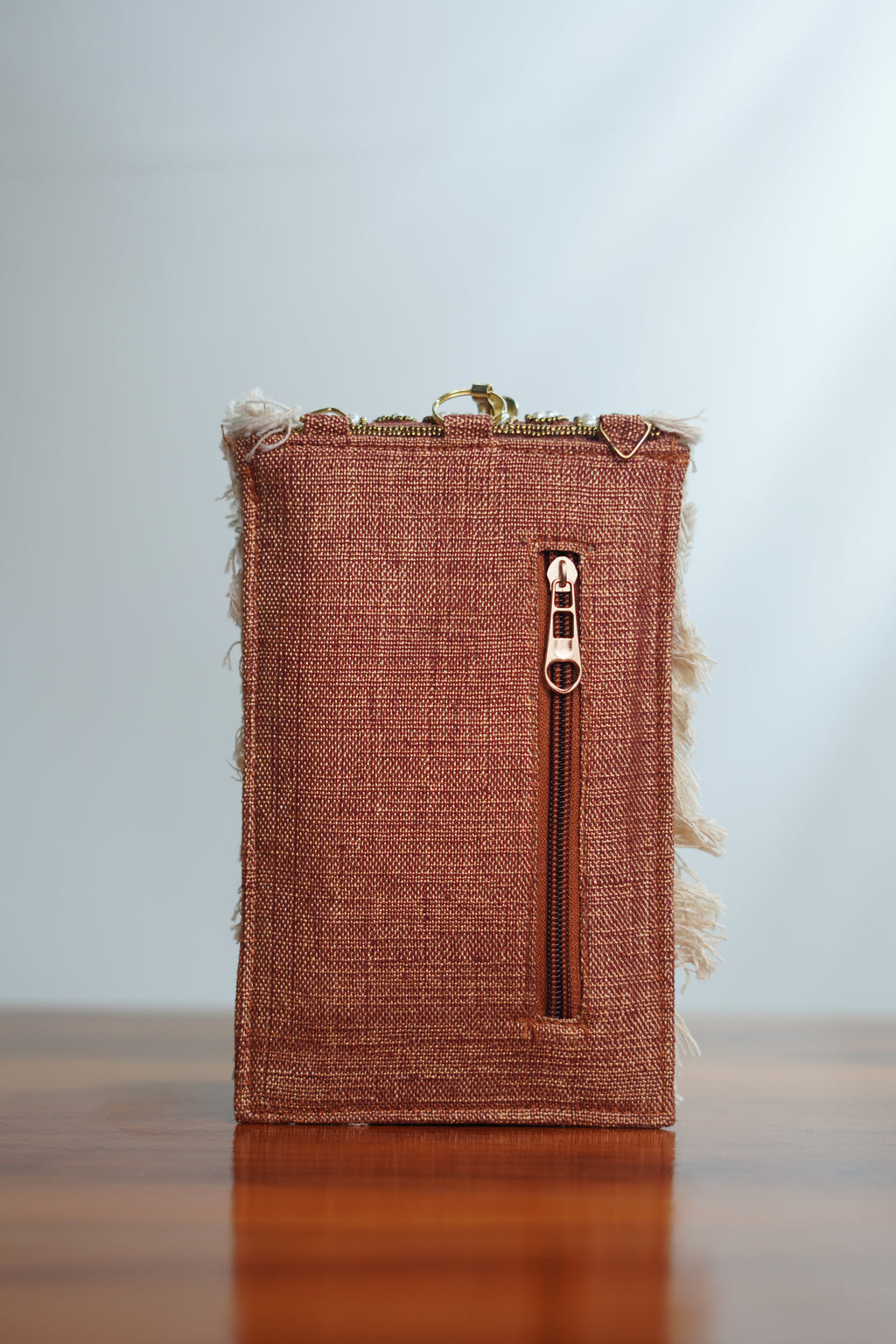 Saree clip mobile pouch with tassels, brown