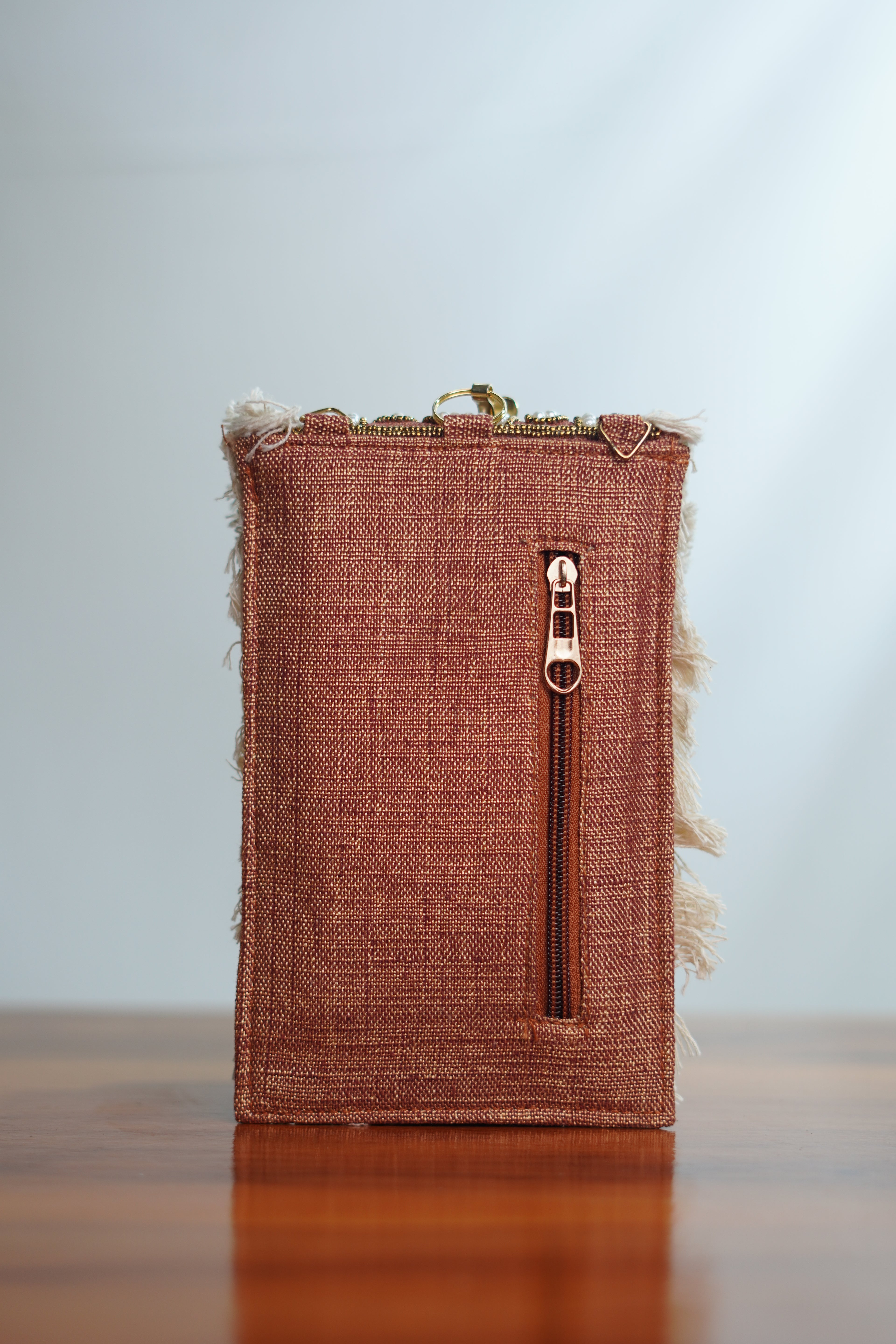 Saree clip mobile pouch with tassels, brown