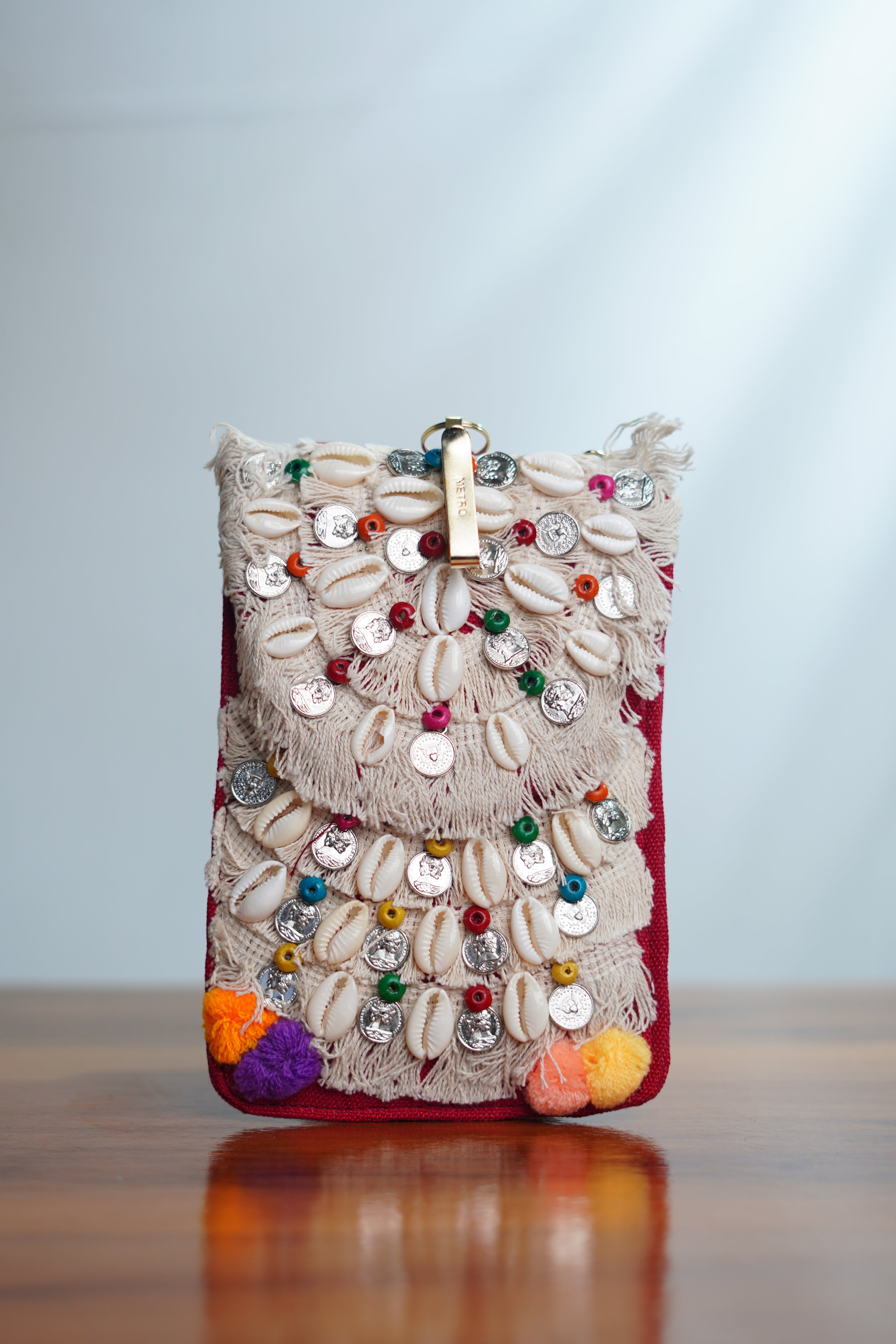 Shell work Saree clip mobile pouch with tassels, pink