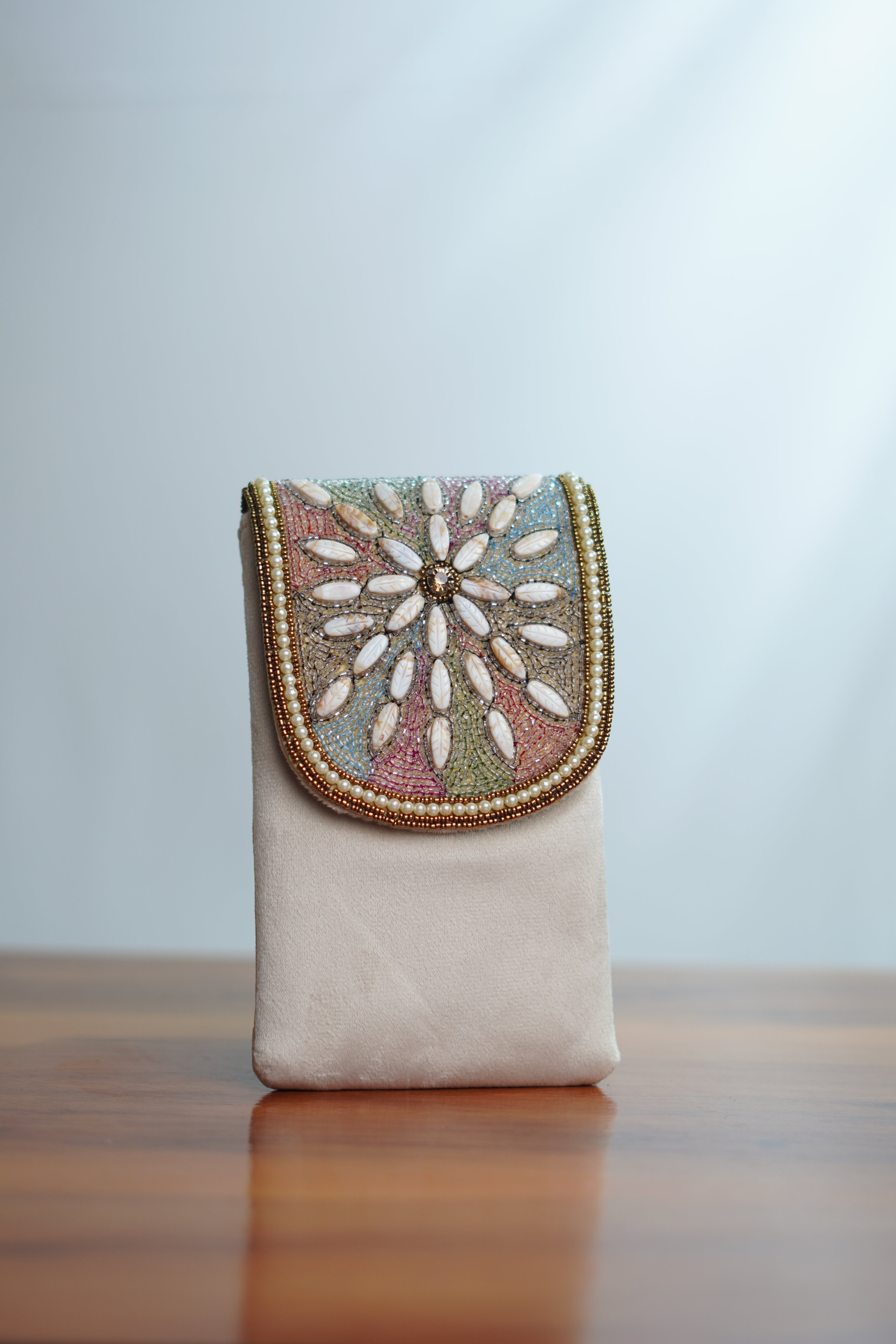 Embellished Saree clip mobile pouch, beige