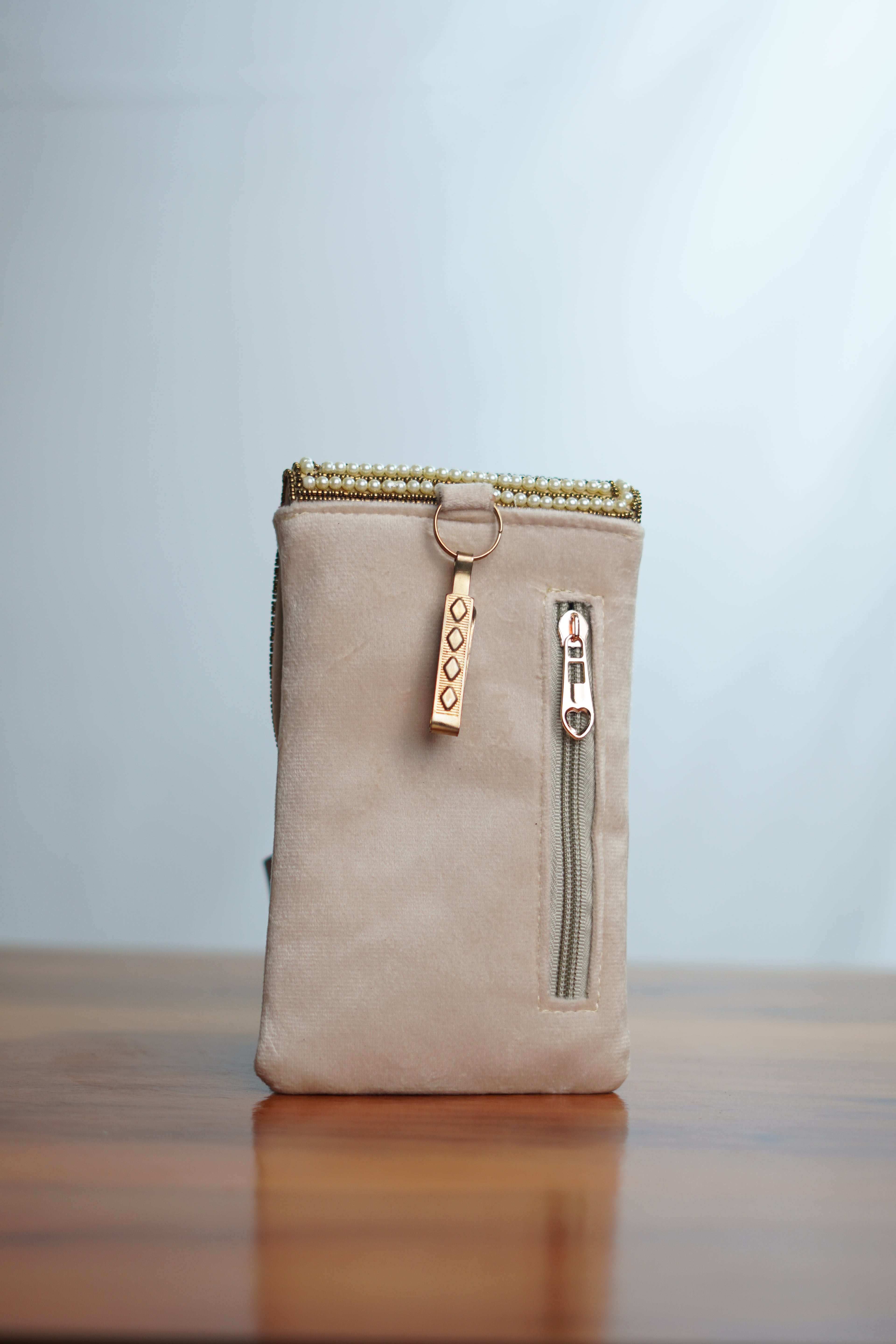 Embellished Saree clip mobile pouch, beige