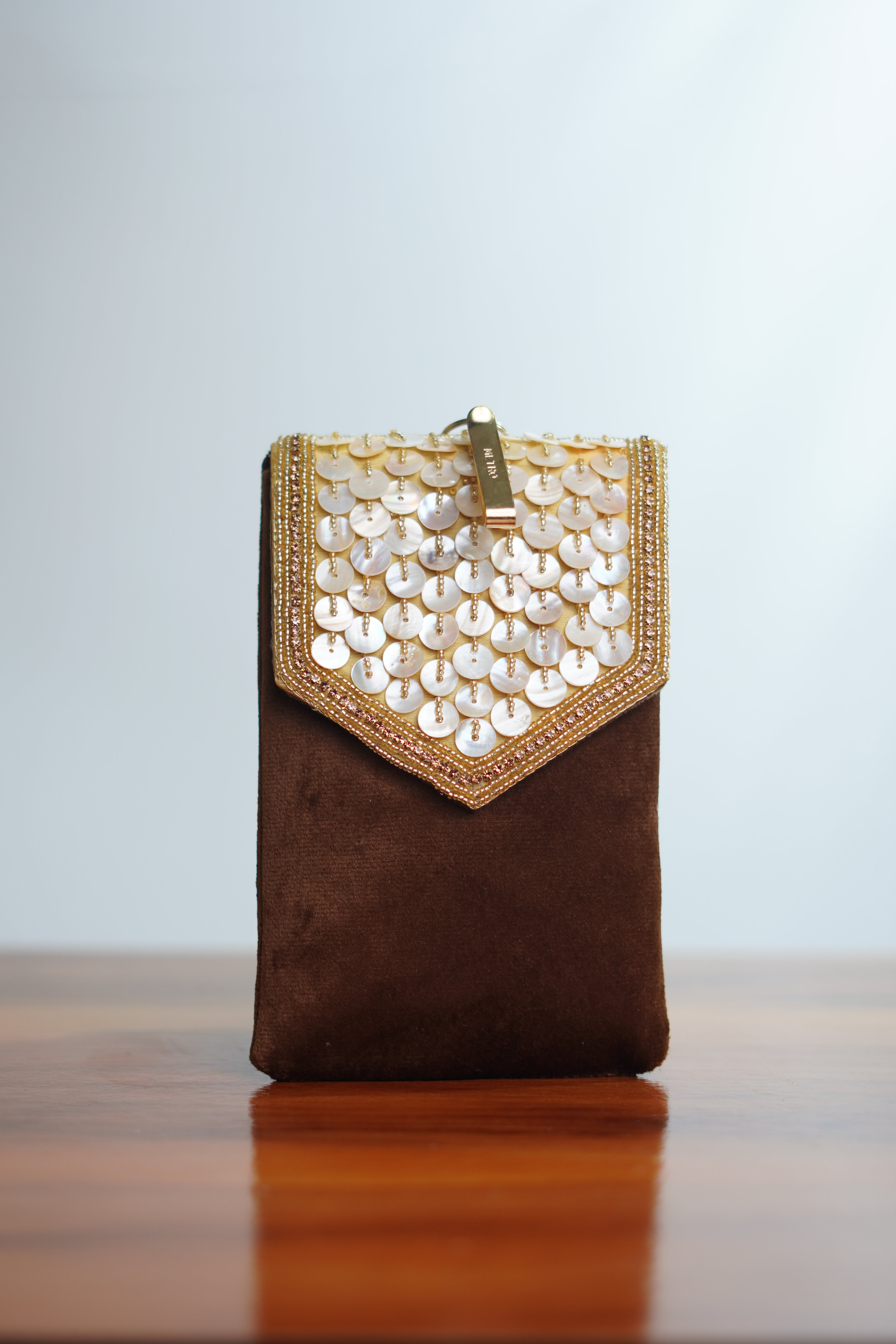 Embellished Saree clip mobile pouch, brown