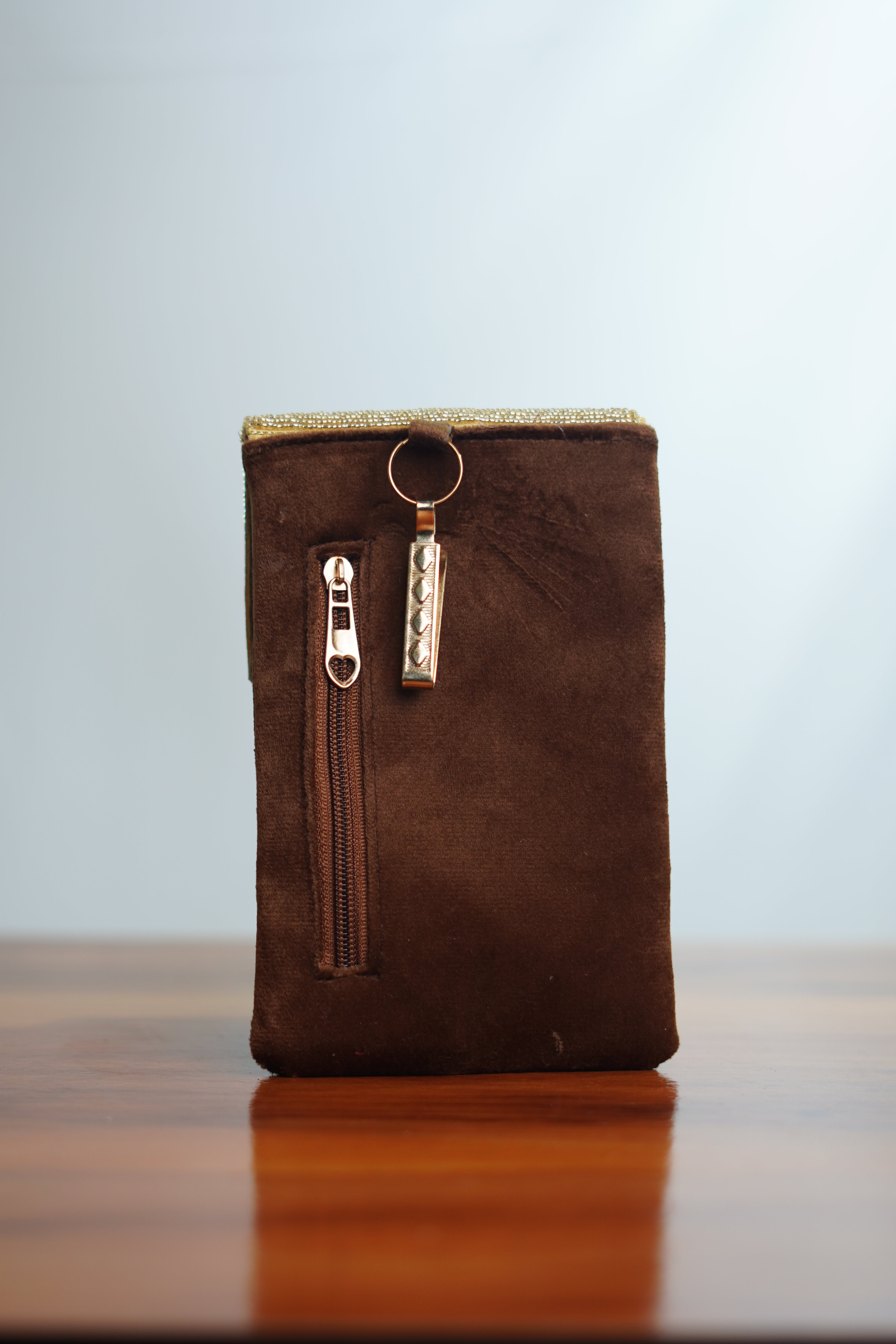 Embellished Saree clip mobile pouch, brown