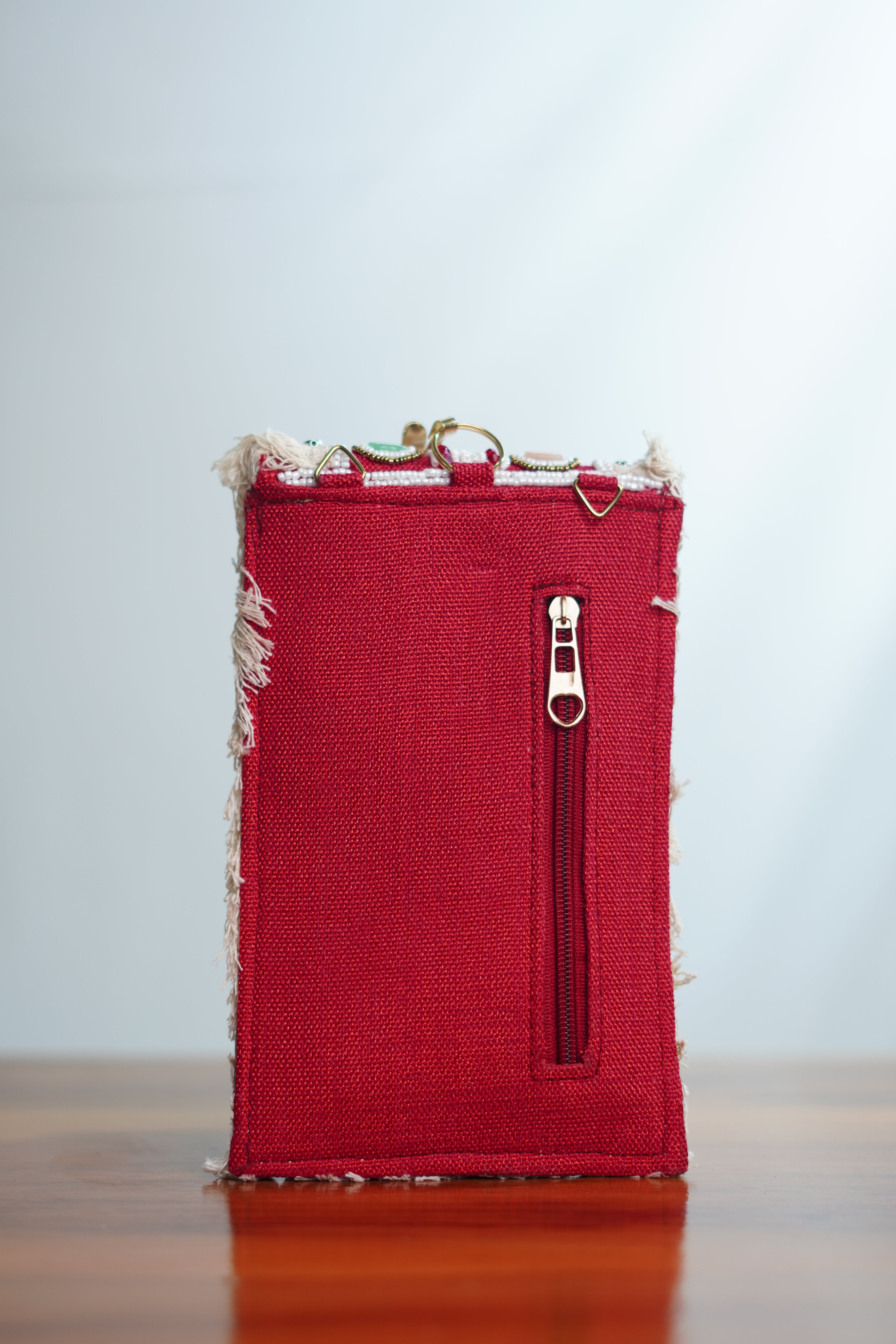 Shell work Saree clip mobile pouch with tassels, pink