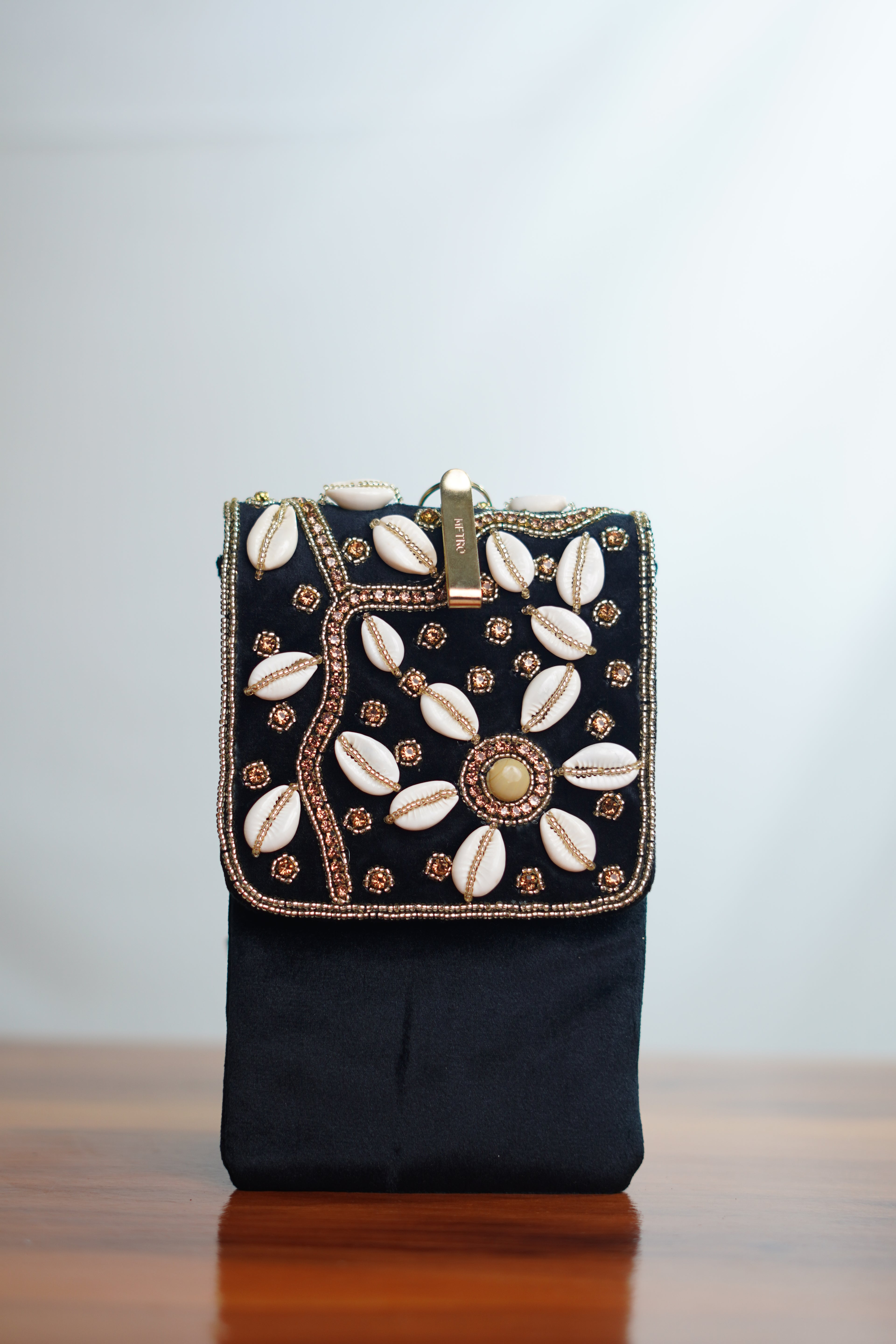 Shell work Saree clip mobile pouch , black