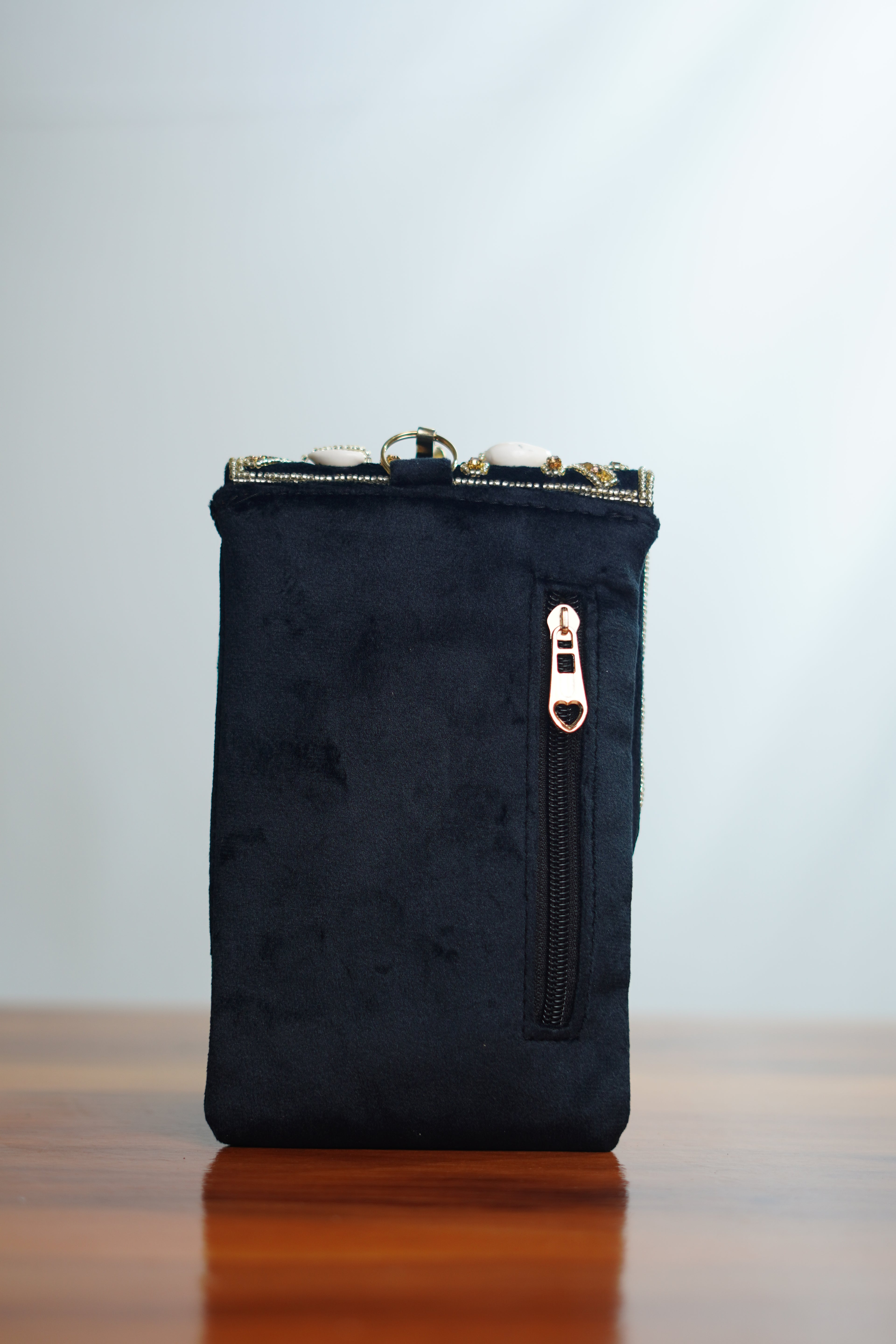 Shell work Saree clip mobile pouch , black
