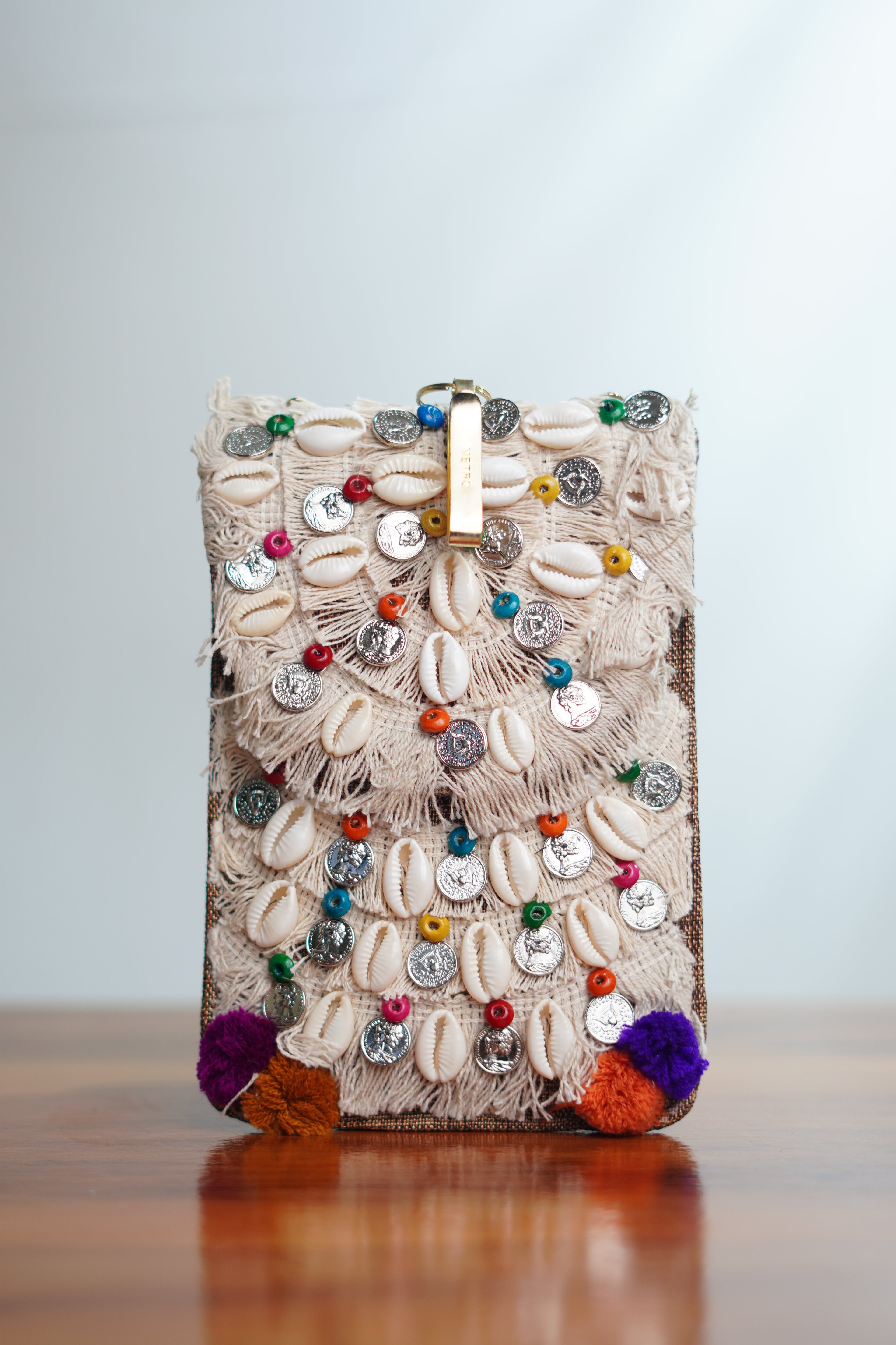 Shell work Saree clip mobile pouch with tassels, brown