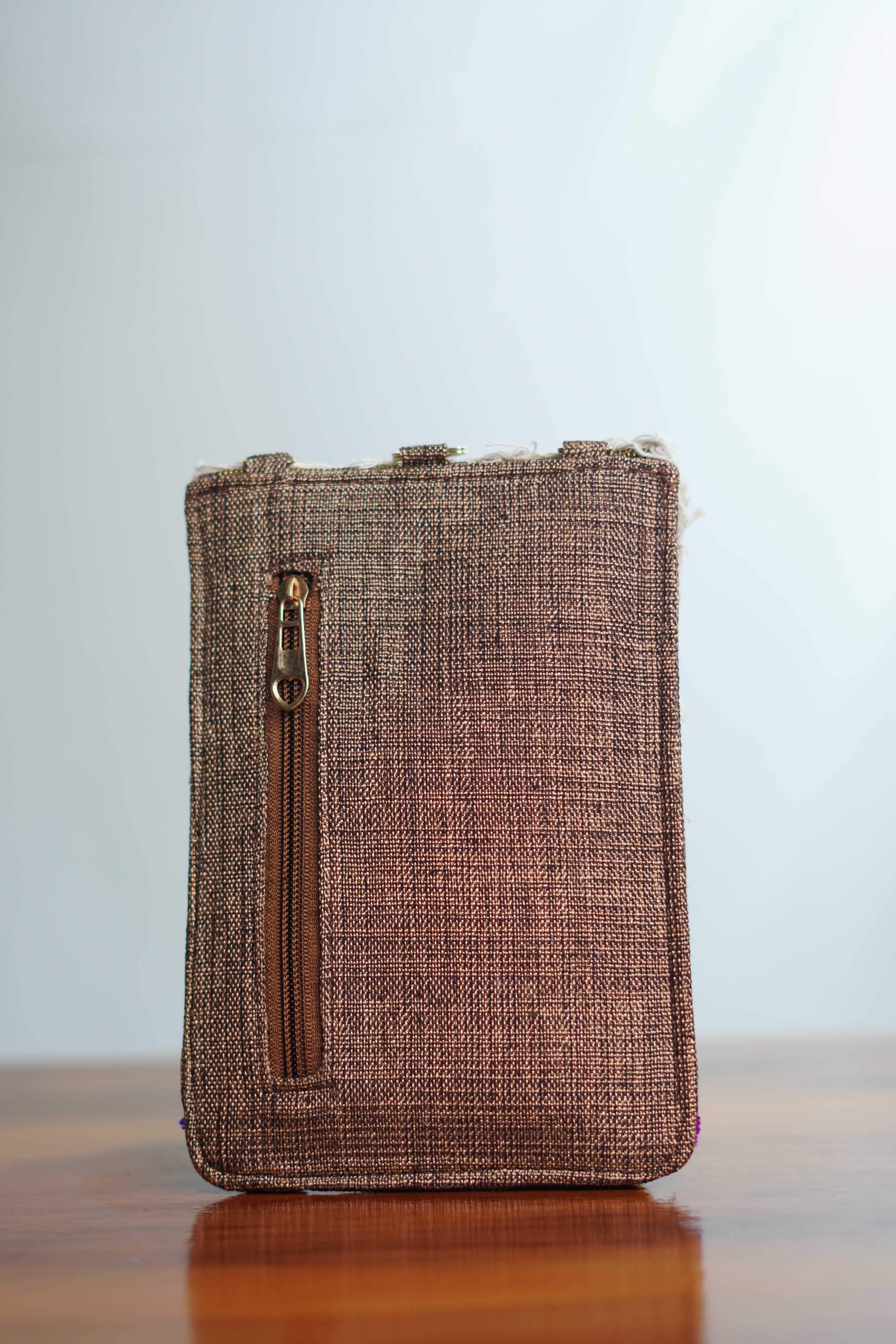 Shell work Saree clip mobile pouch with tassels, brown