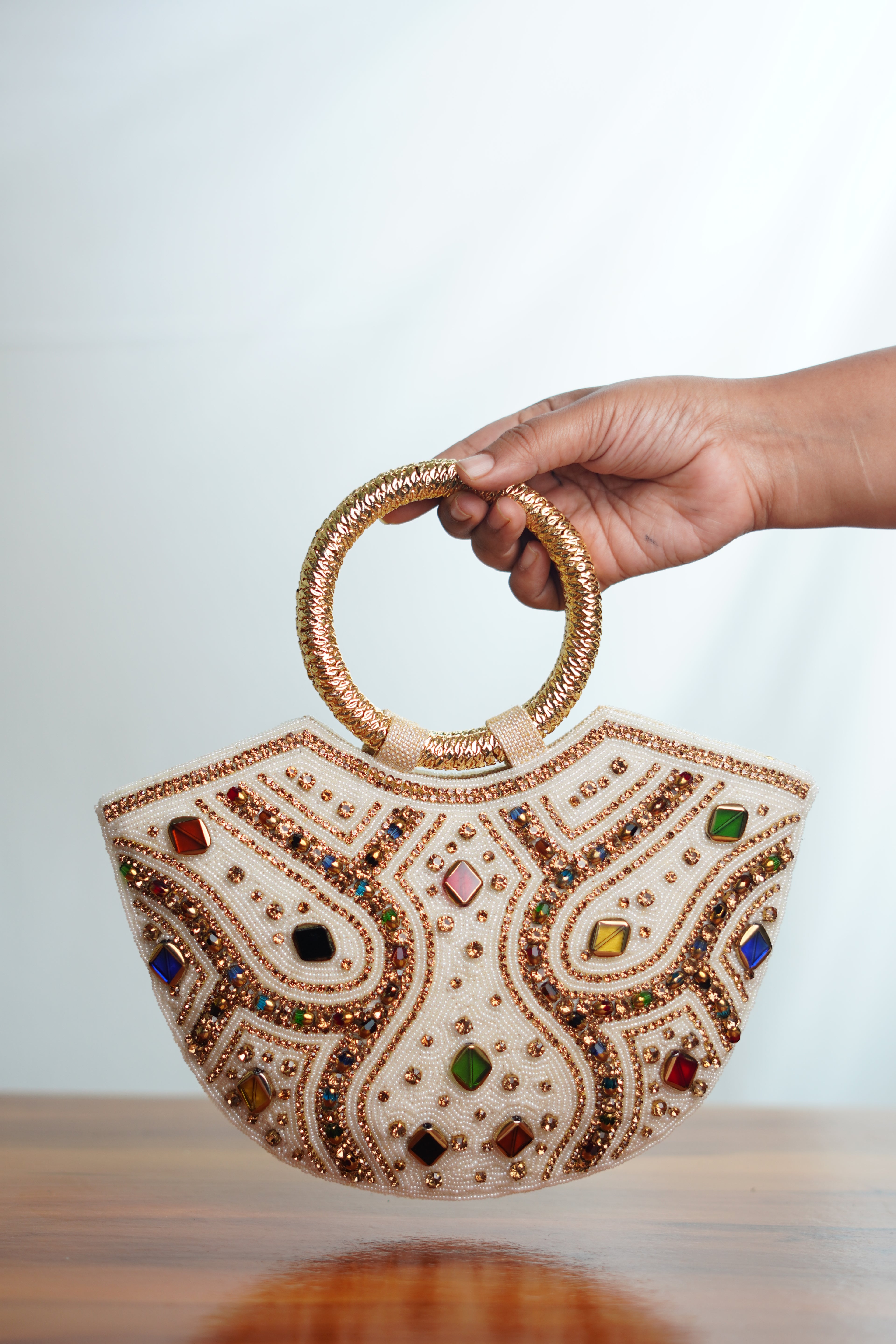 Basket shaped gold  embellished beige
