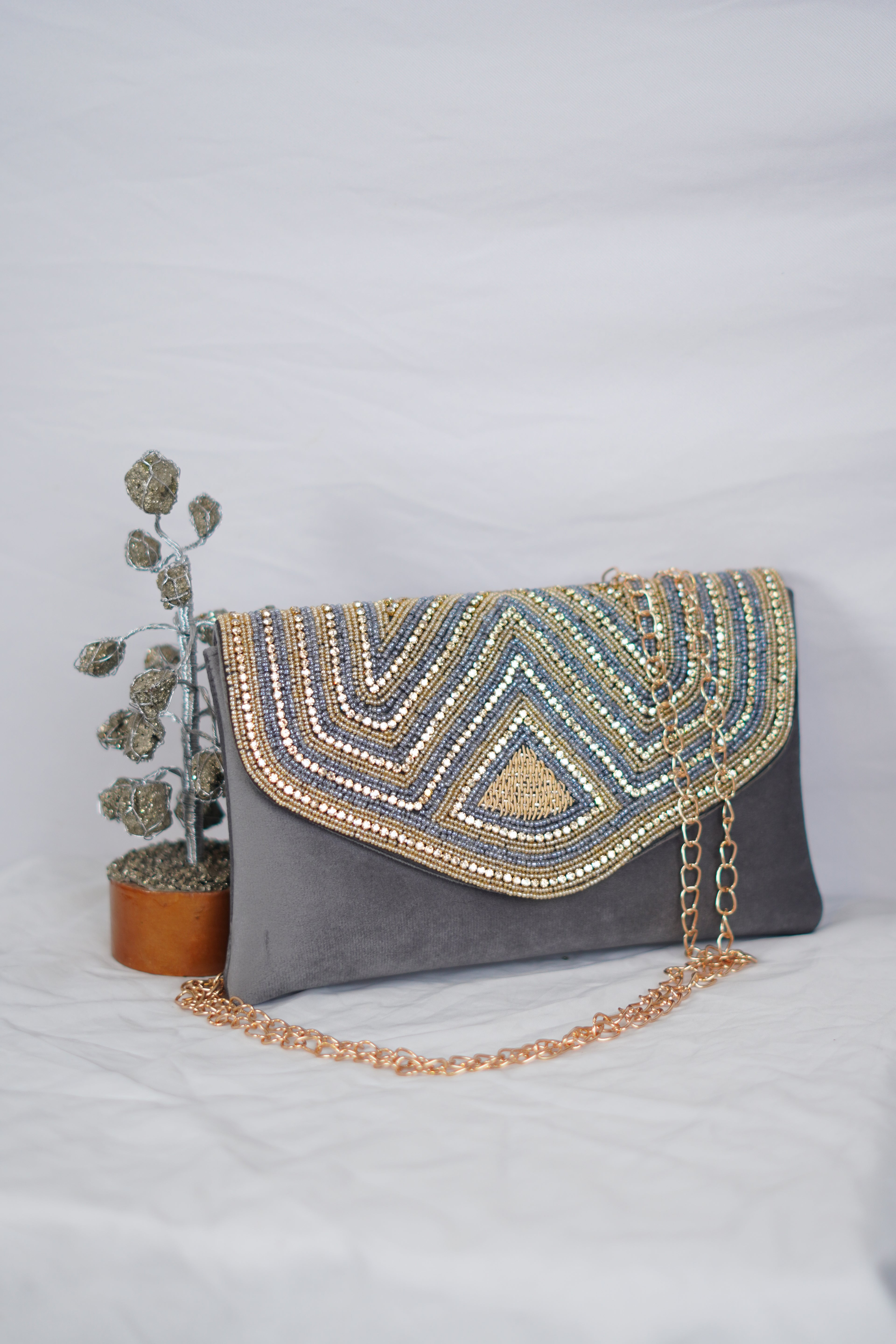 Stone Work Grey Envelope Clutch